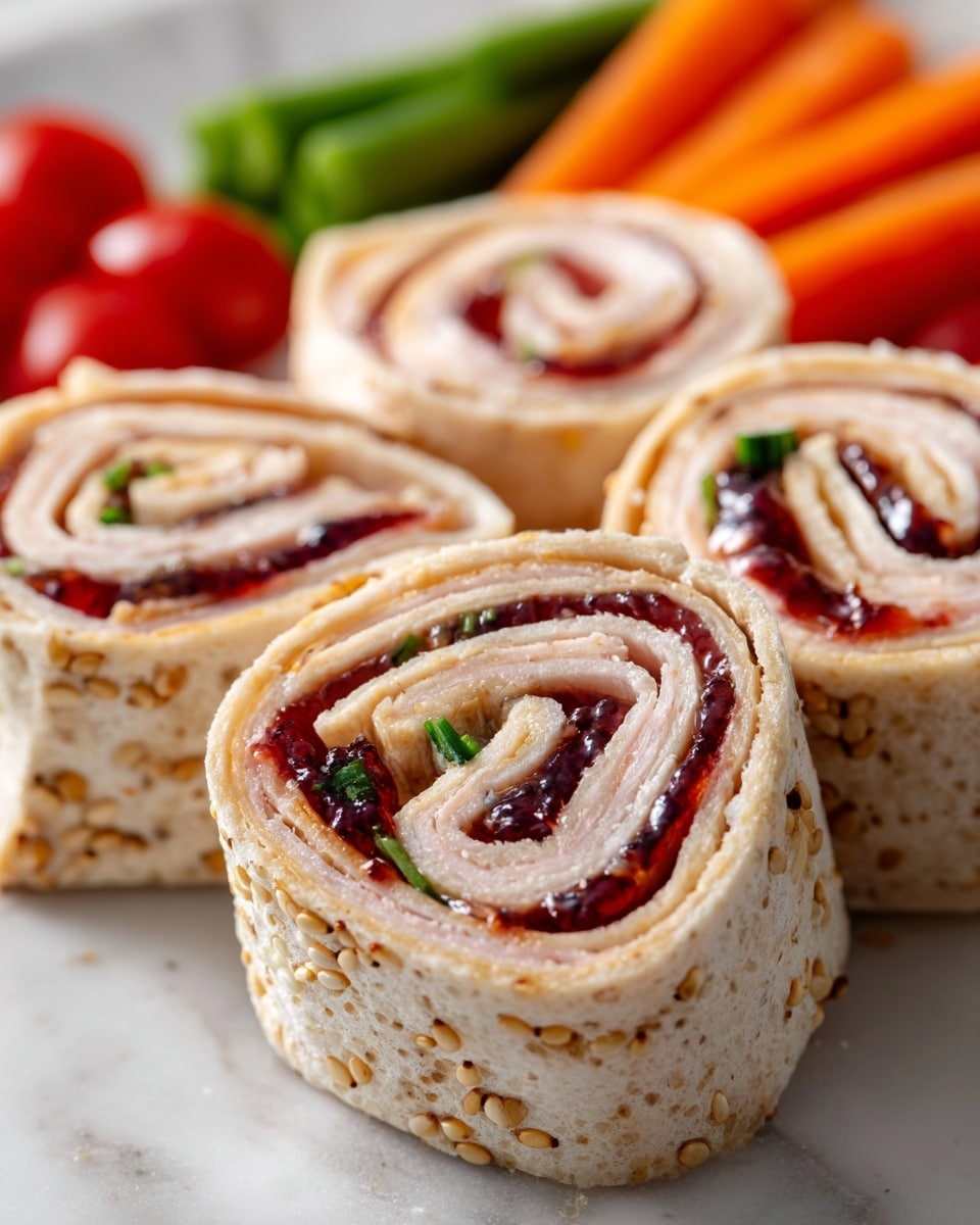 The image shows close-up of several pinwheel sandwich rolls arranged tightly together on a white surface with a white marbled texture background. Each roll has three visible layers: a light beige outer tortilla with sesame seeds, a thin layer of dark red jam, and a smooth, light pink turkey or ham slice, with small green herb bits scattered inside. The texture of the tortilla is soft with some sesame seed crunch, while the jam looks shiny and thick. The pinwheels are in focus with slight blur on the edges, and colorful fresh vegetables like cherry tomatoes, carrot sticks, and snap peas can be seen in the blurred background. photo taken with an iphone --ar 4:5 --v 7