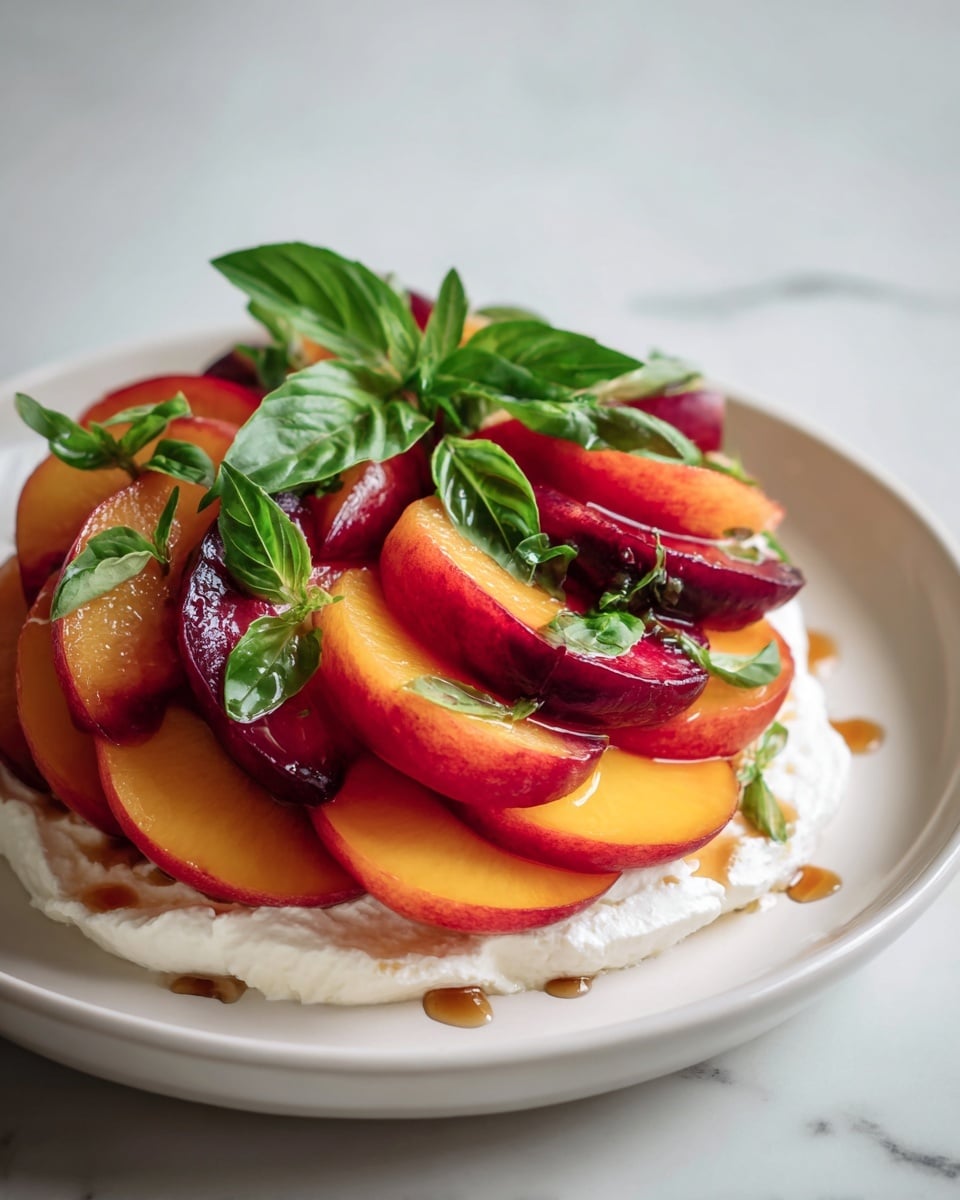 The image shows a white plate filled with a colorful fruit dish. There are about three layers: the bottom layer has creamy white cheese spread smoothly, the middle layer has peach and red fruit slices arranged side by side, and the top layer is finished with fresh bright green basil leaves scattered evenly. The fruit looks juicy and glossy with some syrup drizzled on top, making the colors shine. The plate is set on a white marbled surface. Photo taken with an iphone --ar 4:5 --v 7