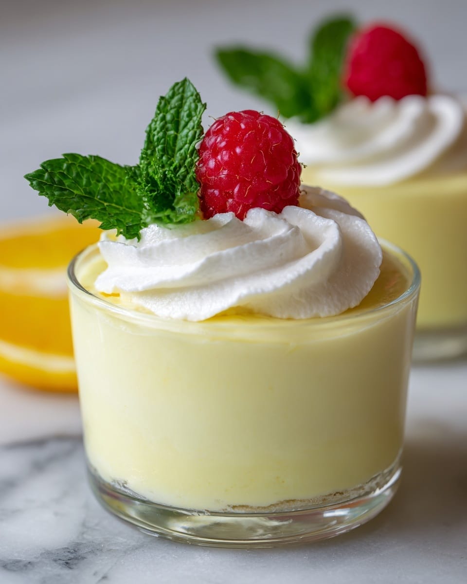 The image shows a creamy, pale yellow dessert in a clear glass cup with smooth, thick texture. On top of the dessert is a swirl of white whipped cream that looks soft and light. Sitting on the whipped cream is a bright red raspberry with a textured surface, and next to it are fresh green mint leaves adding a pop of color. In the background, there is a blurred slice of lemon adding a hint of yellow and white. The whole scene is set on a white marbled surface. photo taken with an iphone --ar 4:5 --v 7