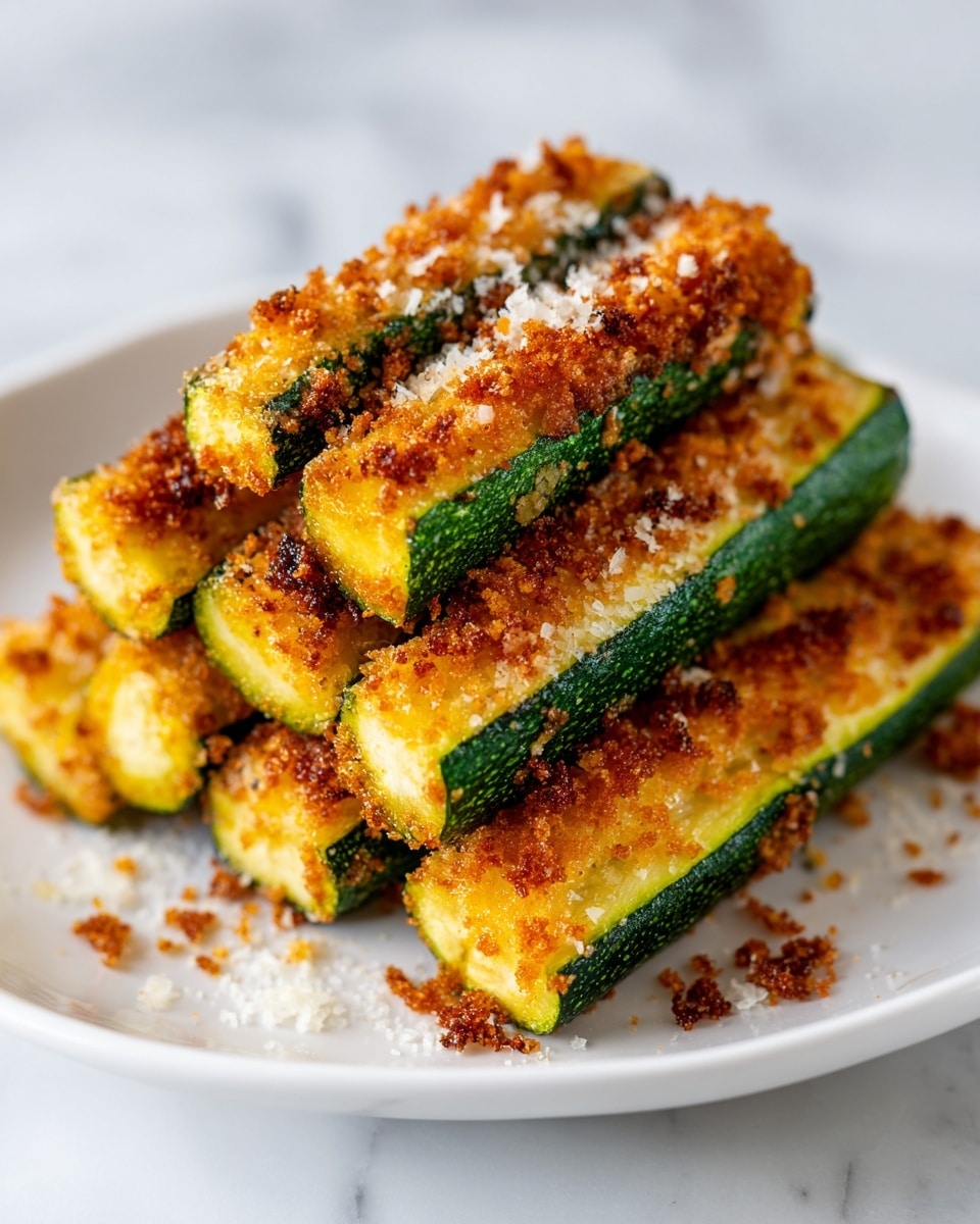 The image shows a white plate filled with crispy zucchini sticks arranged in a neat stack. Each zucchini stick has a thick green skin on one side with a golden-yellow interior. The exterior is coated with a crunchy, browned crumb topping that looks well toasted with small patches of darker, almost burnt areas adding texture. The crumbs look coarse and slightly oily, sticking to the surface unevenly, giving a rustic, crunchy appearance. Tiny white specks are scattered on the plate and zucchini, possibly grated cheese or salt, adding more texture to the scene. The background is a white marbled texture. photo taken with an iphone --ar 4:5 --v 7