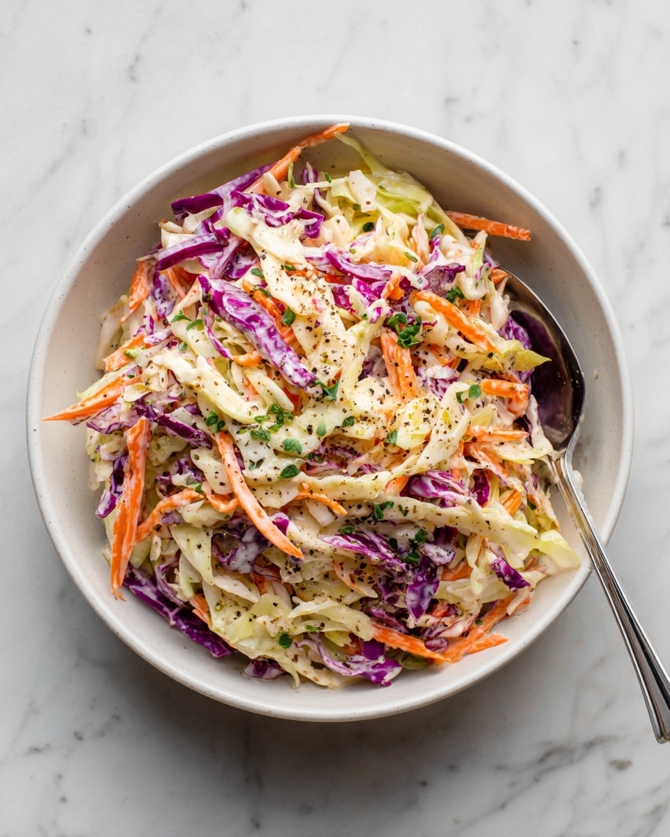 A white bowl filled with coleslaw showing several layers: the bottom layer is shredded white cabbage with a slightly crisp texture, mixed evenly with thin, bright orange carrot sticks and thin strips of purple cabbage creating a colorful contrast. The coleslaw is covered with a creamy, white dressing that coats the vegetables lightly, giving a smooth texture, and topped with small sprigs of fresh green dill and a light sprinkle of black pepper. A silver spoon is placed inside the bowl on the right side. The bowl is sitting on a white marbled surface. photo taken with an iphone --ar 4:5 --v 7