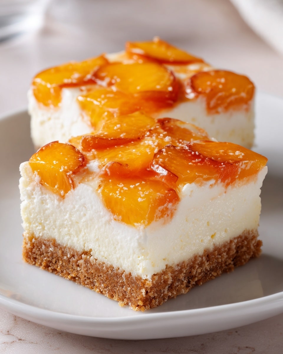 The image shows a dessert square with three layers on a white plate placed on a white marbled surface. The bottom layer is a crumbly light brown crust, the middle layer is thick and creamy white cheesecake, and the top layer is bright orange peach slices covered in a glossy peach sauce. The dessert has sharp edges and looks fresh and sweet, with a soft texture on top and a firm base. Photo taken with an iphone --ar 4:5 --v 7