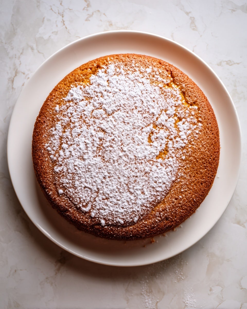 A round cake with a golden-brown crust sits on a white plate, topped evenly with a light dusting of powdered sugar that highlights the cake’s slightly cracked surface. The cake's texture looks soft and moist with a gentle rise in the middle, and the plate rests on a white marbled surface. Photo taken with an iphone --ar 4:5 --v 7