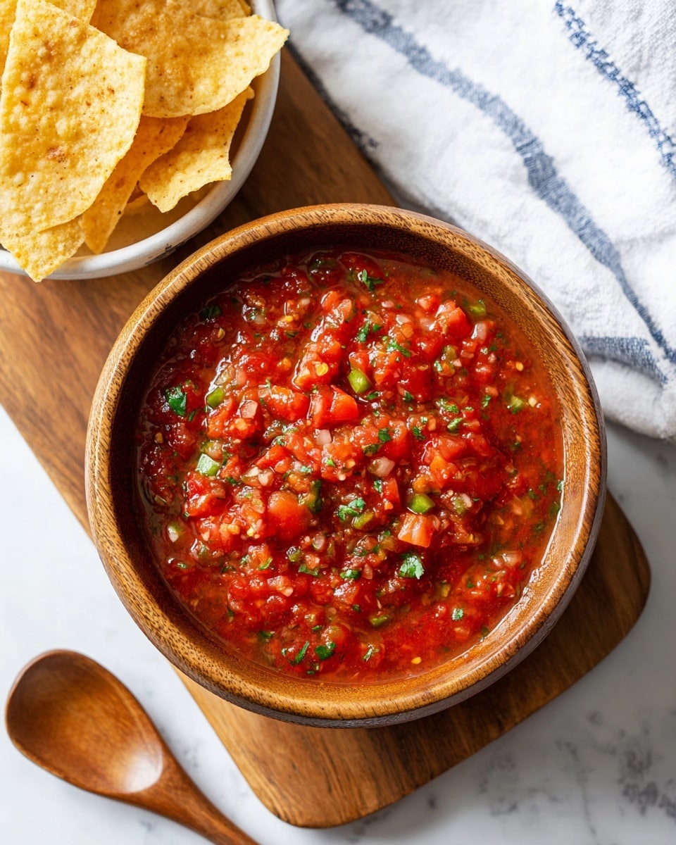 A close-up of a wooden bowl filled with chunky, red salsa that has visible small pieces of tomatoes, green onions, and cilantro, giving it a mixed texture and vibrant colors of red, green, and a bit of white. Next to it, there is a white bowl with bright orange-yellow tortilla chips standing upright with crisp, slightly folded edges. The setup is on a white marbled surface with a soft blue and white checkered cloth partially visible behind the bowls, and a wooden spoon lies flat beside the salsa bowl. The whole scene has natural light and a fresh, inviting look. photo taken with an iphone --ar 4:5 --v 7