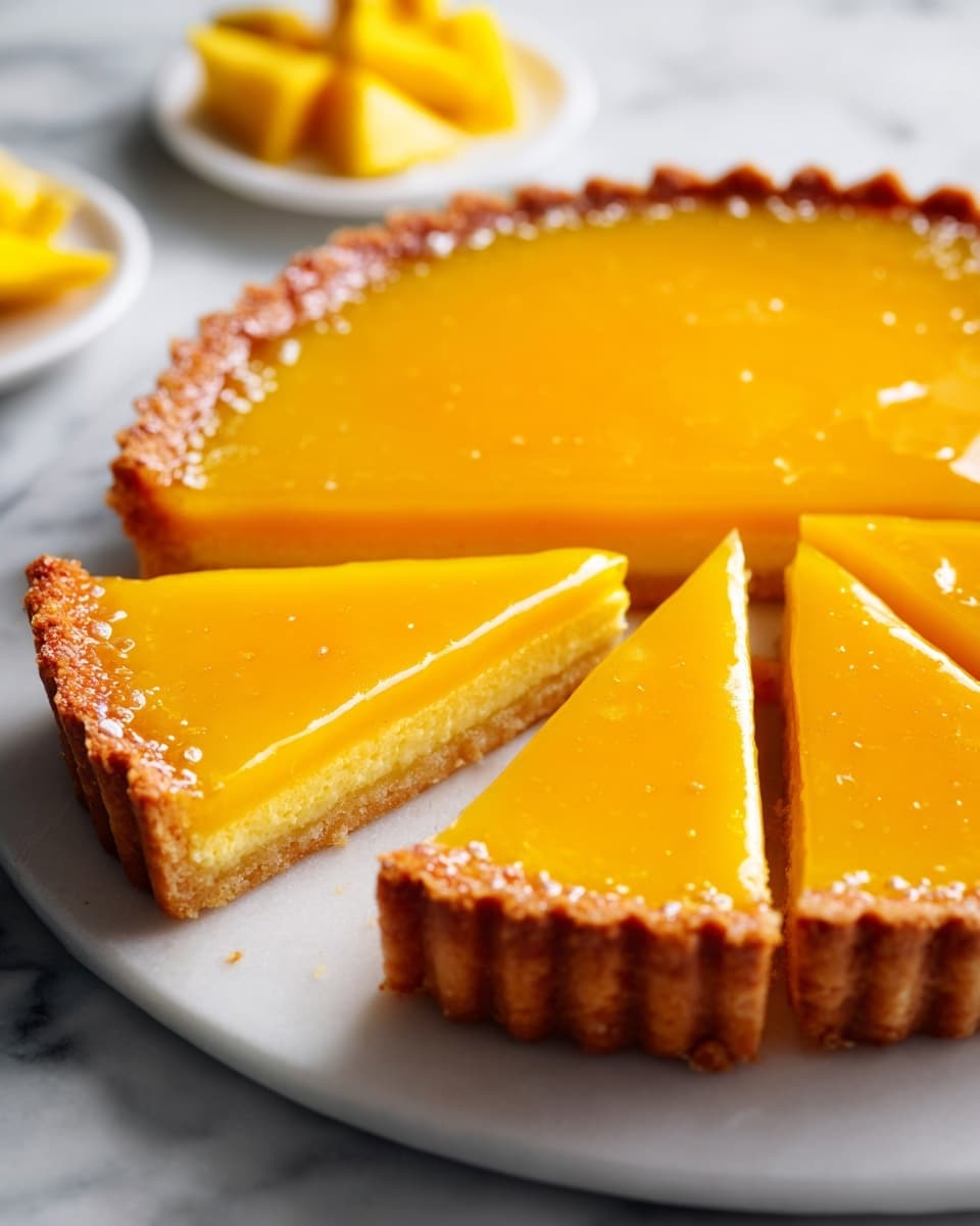 A white plate holding a tart with a smooth, shiny orange mango glaze on top, showing a clean slice taken out, revealing a light golden crust that looks crumbly and firm. The tart is set against a background of green leaves with pieces of fresh mango. The glossy mango layer is thick and even, covering the entire tart surface, while the crust forms a neat scalloped edge around it. Photo taken with an iphone --ar 4:5 --v 7