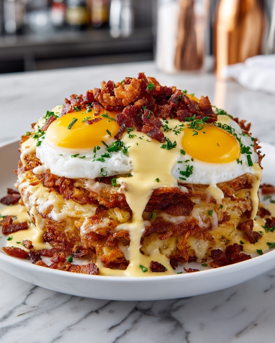 A white bowl filled with a large base layer of crispy golden-brown hash browns topped with a generous layer of melted yellow cheddar cheese and brown sausage gravy. On top of that, two sunny-side-up eggs with bright yellow yolks and shiny, cooked white edges sit side by side. Drizzled over everything is a creamy pale yellow hollandaise sauce, adding smooth texture and shine. Finally, finely chopped, crisp bacon bits cover the eggs, adding a deep reddish-brown crunch. The bowl is placed on a white marbled countertop with a cozy kitchen background. Photo taken with an iphone --ar 4:5 --v 7