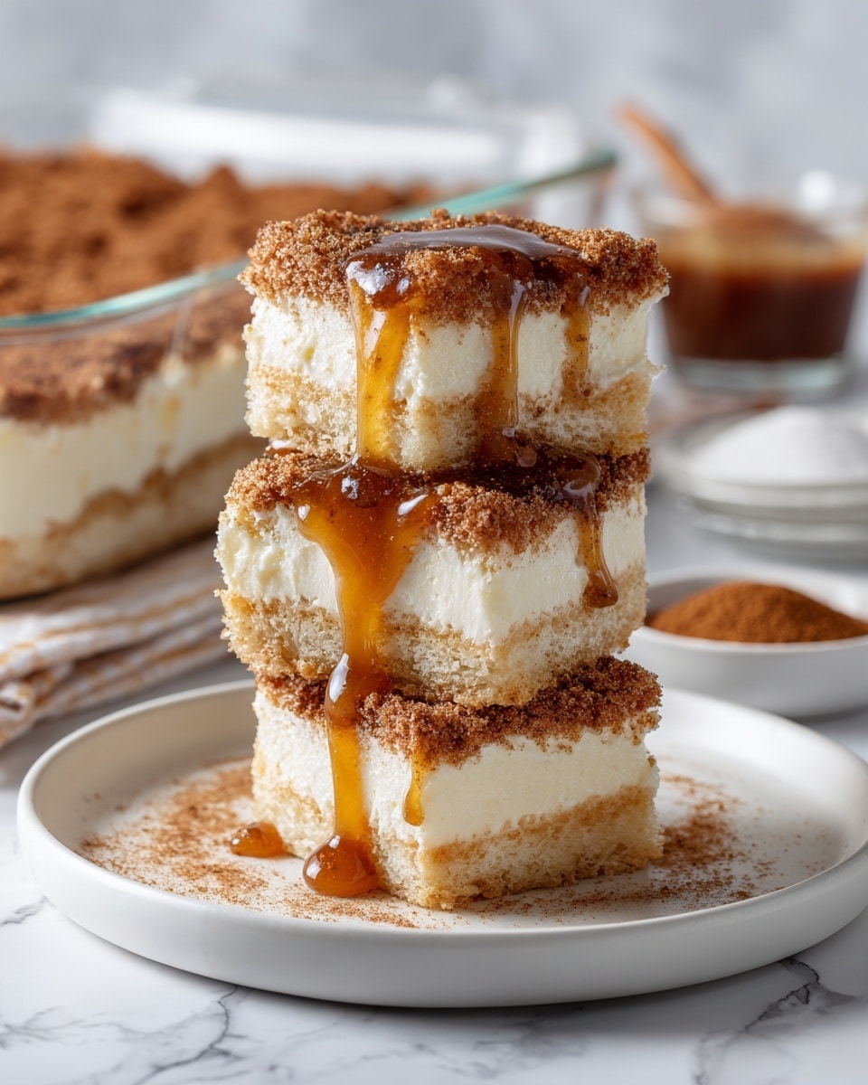 The image shows a stack of three square dessert pieces on a white plate. Each piece has three layers: the bottom and top layers are golden-brown with a sugar and cinnamon coating that looks grainy and slightly crispy. The middle layer is thick, creamy, and white, resembling a smooth cheese or custard filling. There is a drizzle of caramel sauce running down the sides of the stacked pieces, adding a shiny, sticky texture. In the background, a glass baking dish with more of the dessert and a small white ramekin filled with cinnamon powder are visible on a white marbled surface. Photo taken with an iphone --ar 4:5 --v 7