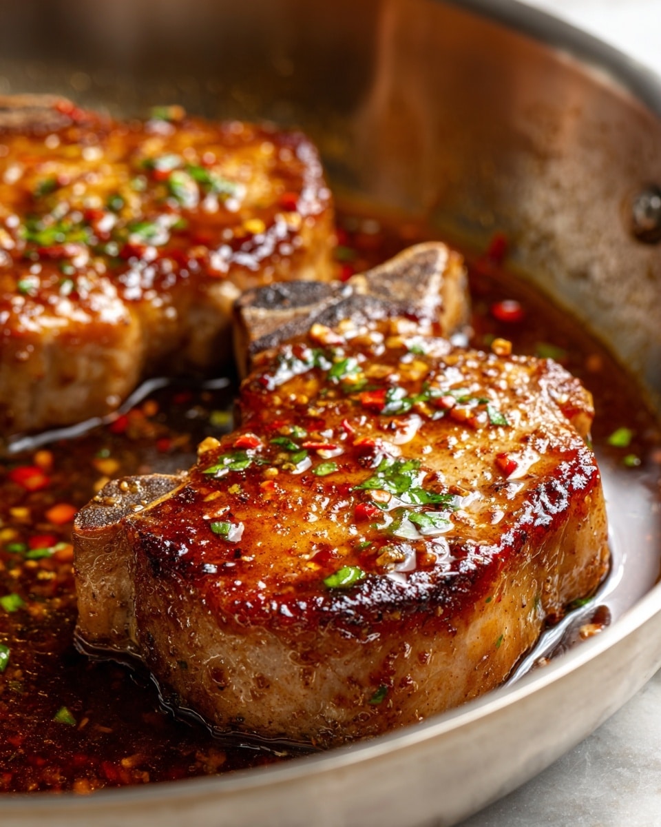 Two thick pork chops with a bone in the center are shown in a close-up view inside a pan. The pork has a shiny, dark brown glaze with charred spots and is covered with small green herb bits and red pepper flakes scattered evenly on top. The surface of the meat looks juicy and caramelized, showing a rich texture with some crispy edges. The pan is silver metal with two rivet heads visible on the side. The background is soft and blurred to keep focus on the pork chops. photo taken with an iphone --ar 4:5 --v 7