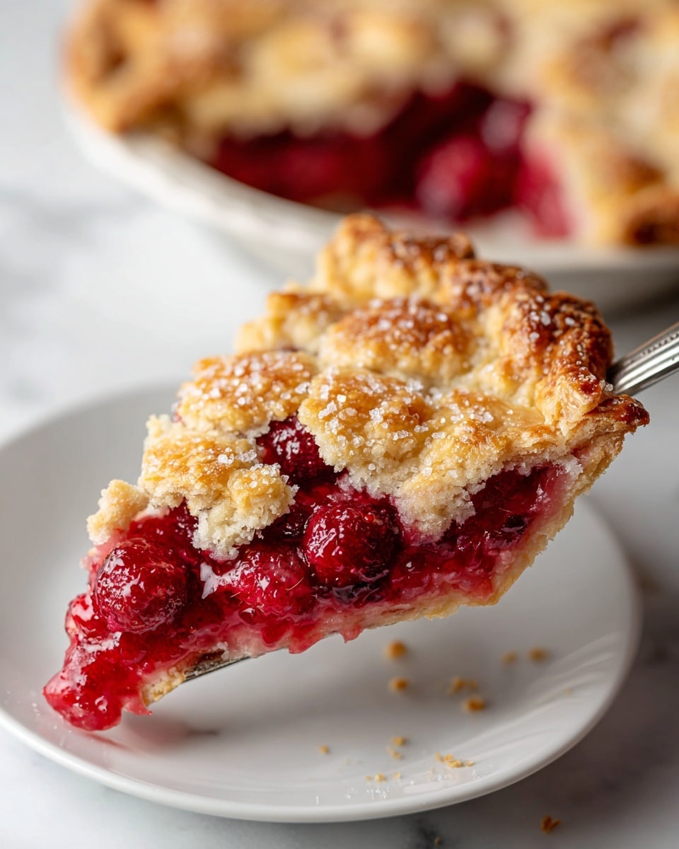 A close-up of a slice of red berry pie being lifted by a metal pie server over a white plate. The pie slice has two visible layers: the top layer is a golden-brown, flaky crust with a rough texture and sprinkled with coarse sugar. The bottom layer is a vibrant red, glossy berry filling that looks juicy and thick, showing whole berries inside. In the background, the rest of the pie with a similarly golden crust is slightly out of focus, sitting on a white marbled surface, with soft natural light falling on the scene. Photo taken with an iphone --ar 4:5 --v 7