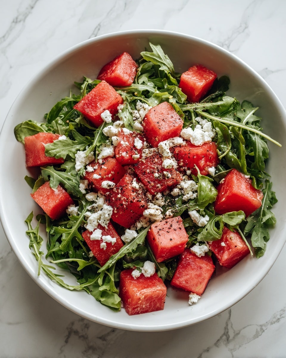 A white bowl filled with a fresh watermelon salad, featuring large, bright red, juicy watermelon cubes spread evenly throughout. Mixed among the watermelon are vibrant green arugula leaves with a slightly rough texture. Crumbled white feta cheese is scattered all over the top, adding a soft, crumbly texture. The salad is finished with a sprinkle of black pepper and some small dried herbs, giving a contrasting dark touch on the bright colors. The surface under the bowl is a clean white marbled texture. photo taken with an iphone --ar 4:5 --v 7