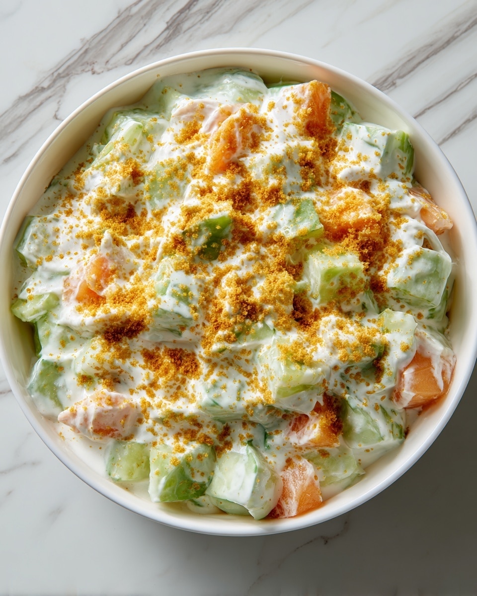 In a white bowl, there is a salad made of roughly cut chunks of chicken, green cucumber pieces, and orange papaya or melon pieces, all mixed with a creamy light yellow dressing. The top of the salad is sprinkled generously with fine yellow breadcrumbs or grated cheese, adding a grainy texture. The colors show a contrast of cream, green, and orange with the topping giving a bright yellow finish. The bowl sits on a white marbled surface. photo taken with an iphone --ar 4:5 --v 7
