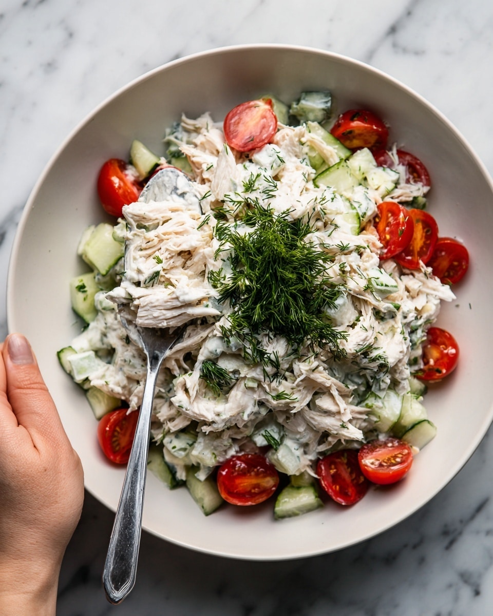 A white bowl filled with a tzatziki chicken salad showing three main layers: the bottom layer has shredded light tan chicken mixed with creamy white tzatziki sauce with green herb specks, the middle layer shows small bright green cucumber cubes scattered throughout, and the top layer features several red cherry tomato halves and a generous pile of finely chopped dark green dill on top, with a drizzle of golden olive oil adding a shiny texture. The salad sits on a white marbled surface, and a woman's hand holding a rustic spoon lifts a scoop of the salad above the bowl. Photo taken with an iphone --ar 4:5 --v 7