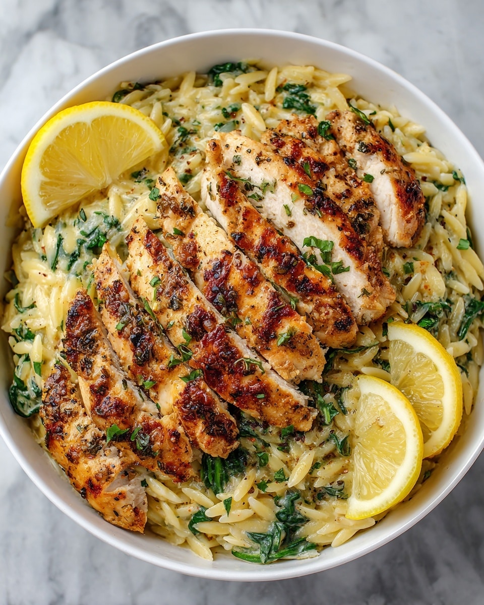 A white bowl filled with three main layers: the bottom layer is creamy orzo pasta mixed with sautéed spinach leaves and small translucent onion pieces, showing a pale yellow and green texture; the middle layer has six grilled chicken breast slices with a lightly browned, seasoned crust and visible white tender inside, arranged on top of the pasta; the top layer is garnished with some chopped green herbs and two lemon wedges placed on opposite sides inside the bowl. The whole dish sits on a white marbled surface. photo taken with an iphone --ar 4:5 --v 7