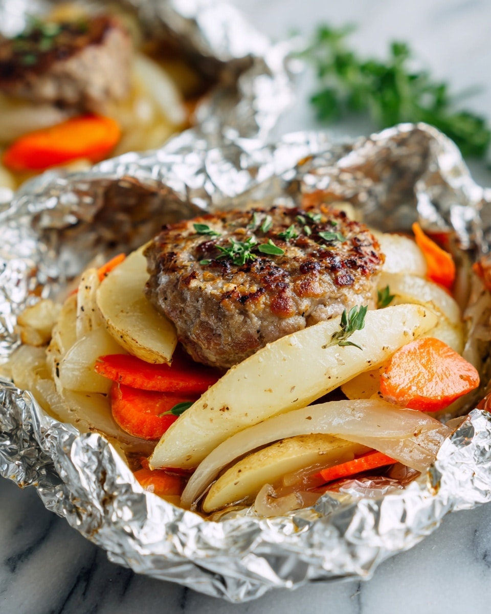 A cooked seasoned ground meat patty sits on top of layers of sliced cooked potatoes and sliced onions, with chunks of cooked carrots around the edges. The food is arranged inside crinkled aluminum foil, with some chopped fresh green herbs sprinkled on top. The whole scene is set against a white marbled texture with a striped cloth and some green leaves in the background. Photo taken with an iphone --ar 4:5 --v 7