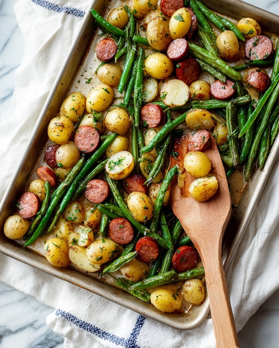A close-up image of a baked sheet filled with three main layers: the bottom layer is light brown parchment paper with some oil stains, the middle layer consists of light yellow, small, halved roasted potatoes with a slightly crispy texture, bright green cooked green beans that look tender but firm, and the top layer has round slices of browned sausage with a reddish-brown color. A wooden spatula is partially placed on the parchment near the top right. The sheet rests on a white marbled surface with a white towel having a blue checkered pattern on the side. Photo taken with an iphone --ar 4:5 --v 7