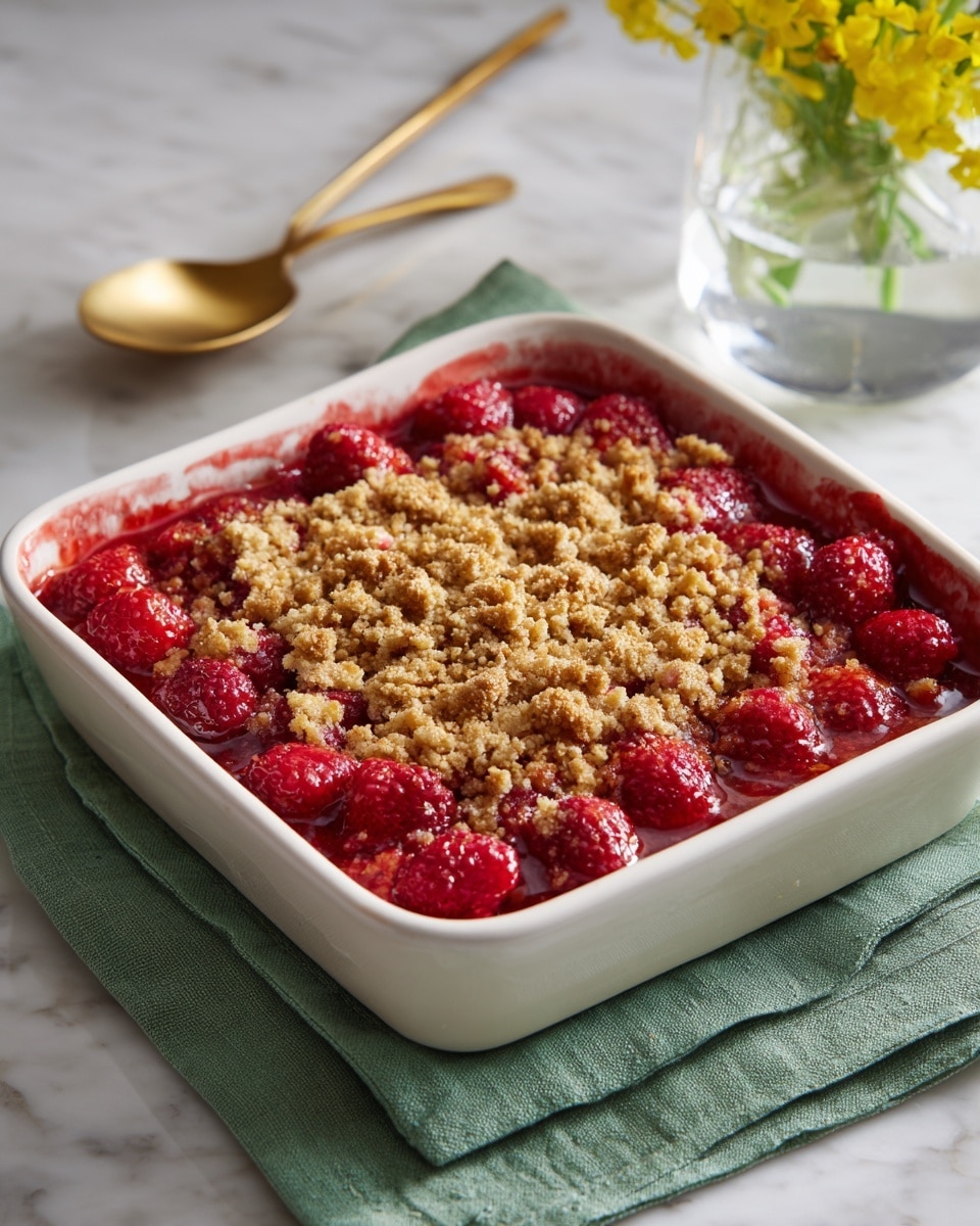 The image shows a freshly baked berry crumble dessert in a white square baking dish with handles. The dish has two main layers: the bottom layer is a rich, glossy red layer made of whole and slightly mashed raspberries, some with visible seeds and juice bubbling at the edges, giving a juicy, wet texture. The top layer is a golden-brown crumbly crust with small and uneven clumps that look crispy and lightly toasted, covering most of the berries but allowing some of the red filling to peek through. The dish is placed on a green cloth on a white marbled surface, with a gold spoon and a small glass vase holding bright yellow flowers nearby. photo taken with an iphone --ar 4:5 --v 7