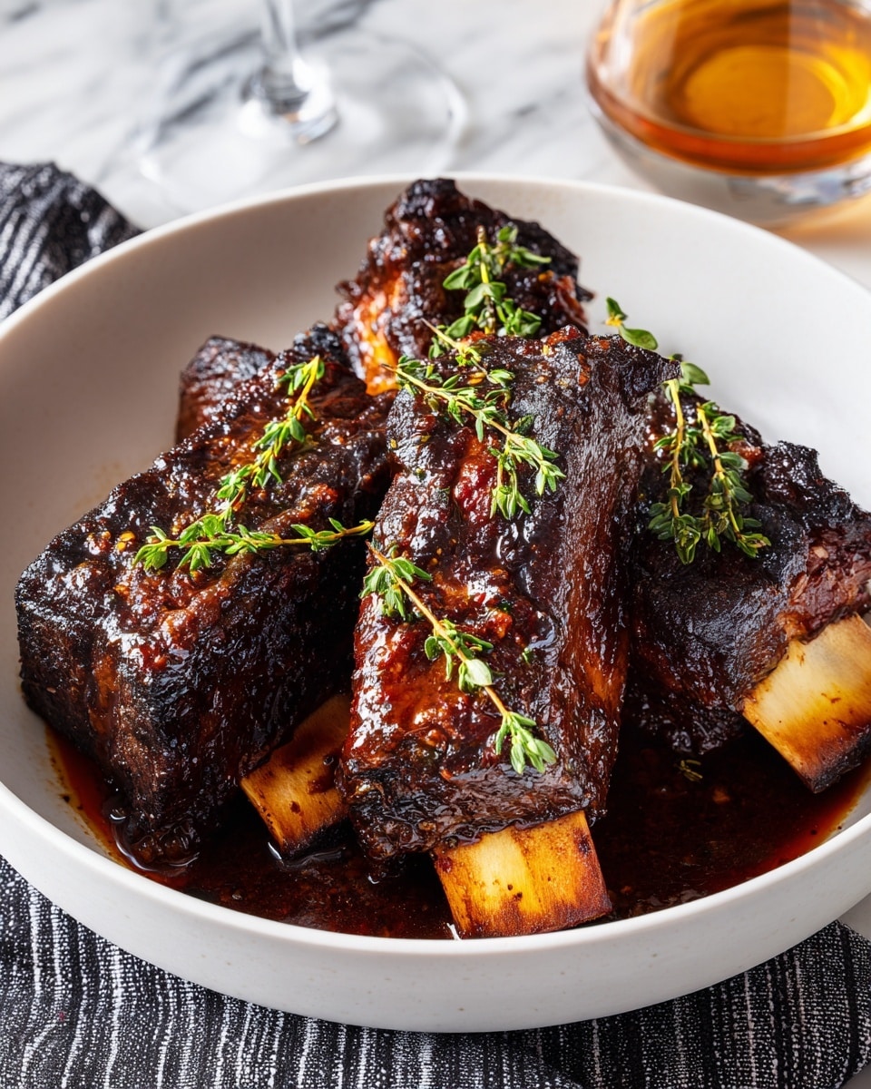 A white shallow bowl holds four large pieces of braised beef short ribs, each with a dark caramelized crust and visible bone ends. The meat is covered in a thick, glossy brown sauce with small bits of cooked garlic and herbs. Fresh small green thyme sprigs are scattered across the ribs. The sauce pools around the ribs, glazing the inside of the bowl. The bowl is placed on a white marbled surface with part of a glass filled with amber liquid and a black and white striped cloth visible in the background. Photo taken with an iphone --ar 4:5 --v 7