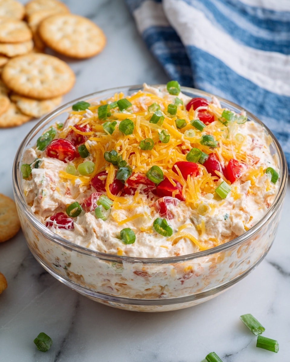 A clear glass bowl filled with a creamy, light orange cheese dip that has a slightly chunky texture. On top of the dip, there is a layer of shredded cheese in yellow and white colors, scattered unevenly, along with small diced red tomatoes and thin green onion slices sprinkled over. The bowl sits on a white marbled surface, with tortilla chips in the background on the left and a blue and white striped cloth on the right. Photo taken with an iphone --ar 4:5 --v 7