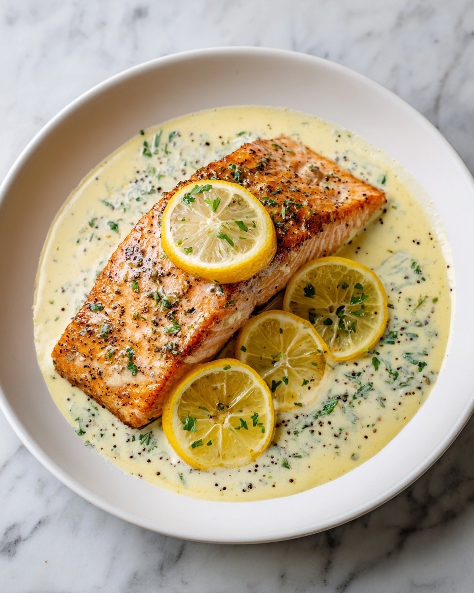 A white plate holds a thick, grilled salmon fillet with a lightly browned, slightly crispy skin on top. The salmon is covered with a creamy, pale yellow sauce with black pepper flakes and small green herb bits spread evenly over it. Two thin lemon slices are placed on and beside the salmon, one on top near the middle and one on the side near the bottom left, both showing the lemon’s juicy texture. The sauce pools around the salmon on the white plate, and small chopped green herbs are scattered over everything. The plate sits on a white marbled surface. Photo taken with an iphone --ar 4:5 --v 7