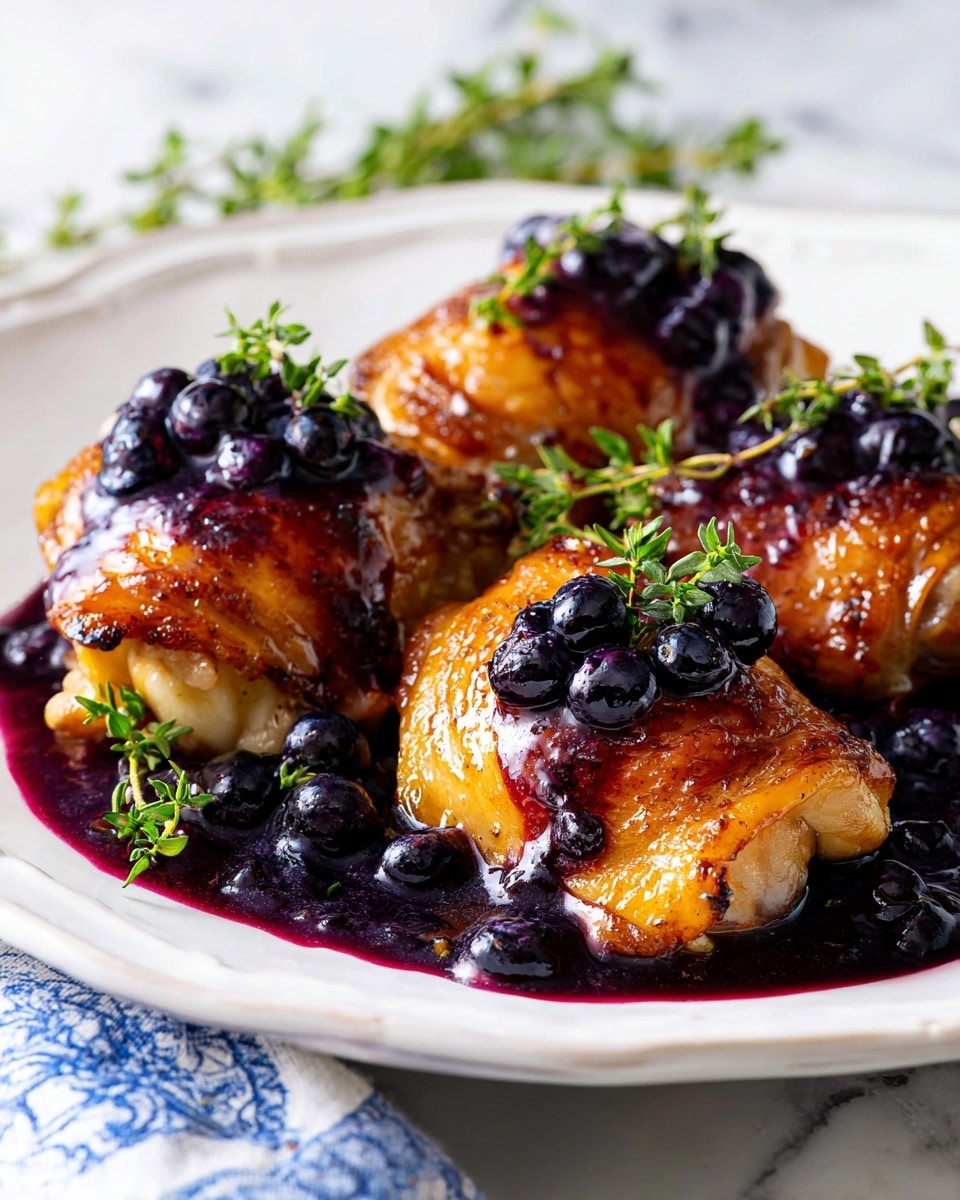 A white plate holds four browned, crispy chicken thighs arranged in a loose square, each piece topped with dark purple blueberries and small green thyme sprigs. The chicken skin is golden with a slight caramelized texture, while a glossy, deep purple sauce made from cooked blueberries covers and pools around the chicken, blending beautifully with the blueberries scattered on top and around the plate. The plate sits on a white marbled surface with a blue and white striped cloth and fresh thyme sprigs nearby. Photo taken with an iphone --ar 4:5 --v 7
