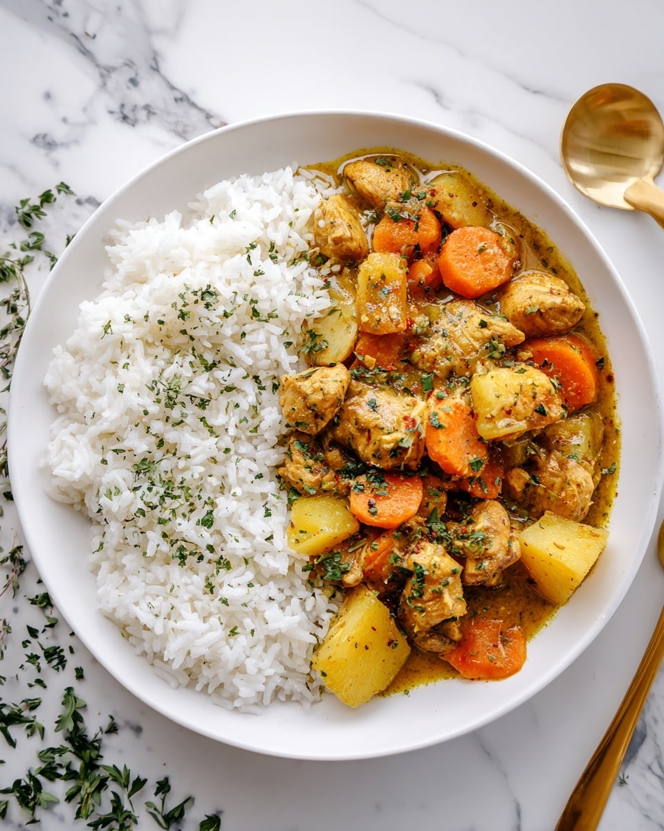 A white plate is filled with two layers of food: on the left side, there is a fluffy heap of white rice with a slightly grainy texture, sprinkled lightly with green herbs; on the right side, a thick, brown curry with a creamy texture covers pieces of golden-brown chicken, bright orange carrot slices, and chunks of light yellow potato, all softened and mixed in the sauce; this dish is garnished with small bits of green herbs scattered both on the curry and around the plate, sitting on a white marbled surface with a gold spoon resting beside it. photo taken with an iphone --ar 4:5 --v 7
