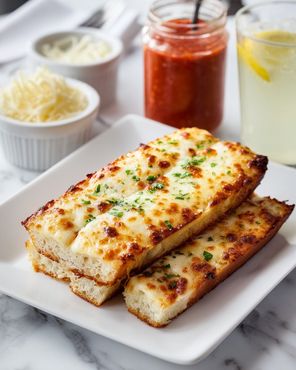 The image shows four golden-brown cheesy breadsticks stacked neatly in a white rectangular dish. Each breadstick has a crispy and bubbly top layer of melted cheese with brown spots, sprinkled lightly with green herbs. The bread beneath looks soft and slightly textured, visible on the side of the top breadstick. To the left of the dish is a glass jar filled with a bright red marinara sauce. The background features small white bowls, a lemon beverage, and a white marbled surface under everything. photo taken with an iphone --ar 4:5 --v 7