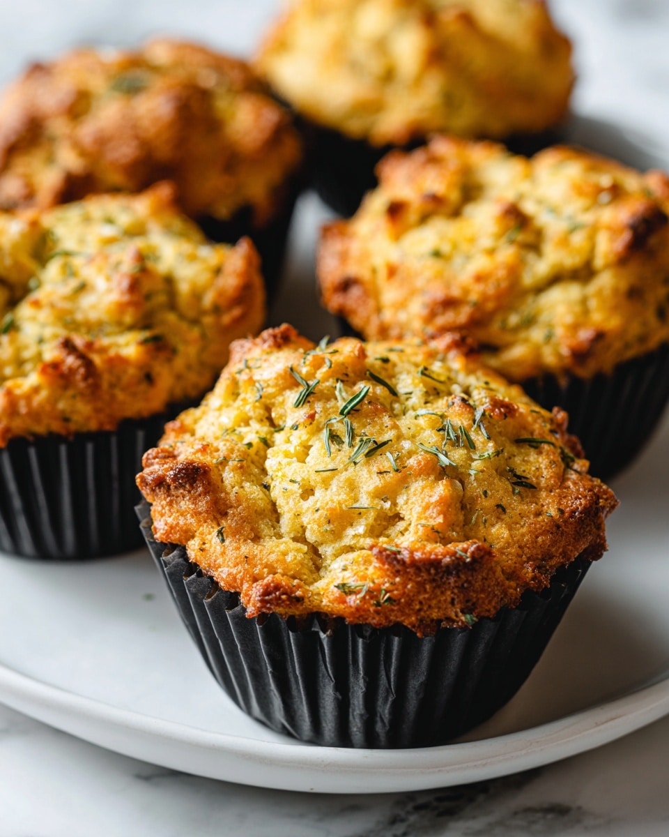 A close-up view of five golden-brown muffins with a slightly crispy texture on top, showing small green herb specks mixed into the yellow batter. Each muffin is in a shiny, black lined paper cup, sitting closely on a white plate. The muffins have a rough, slightly uneven top surface with a lightly toasted edge that looks crunchy. The background shows an out-of-focus white marbled texture and some blurred green shapes. photo taken with an iphone --ar 4:5 --v 7