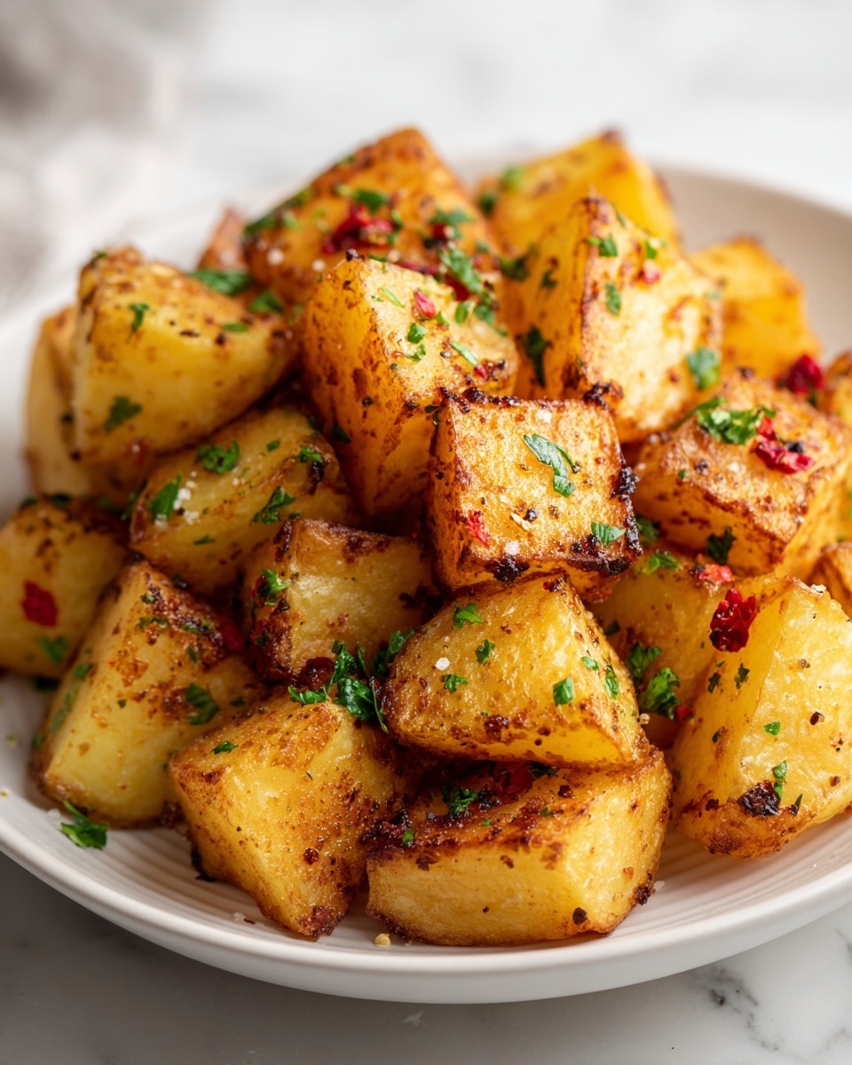 A close-up view of a pile of roasted potato cubes with crispy golden brown edges and a shiny, slightly oily surface. The potatoes are coated with small green herb pieces and tiny red flakes, giving a fresh and spicy look. The cubes are irregular in shape but similarly sized, showing both soft yellow interior and well-browned crispy exterior textures. They sit in a dark pan, contrasting with the bright potatoes, and the background is softly blurred to focus on the food. photo taken with an iphone --ar 4:5 --v 7