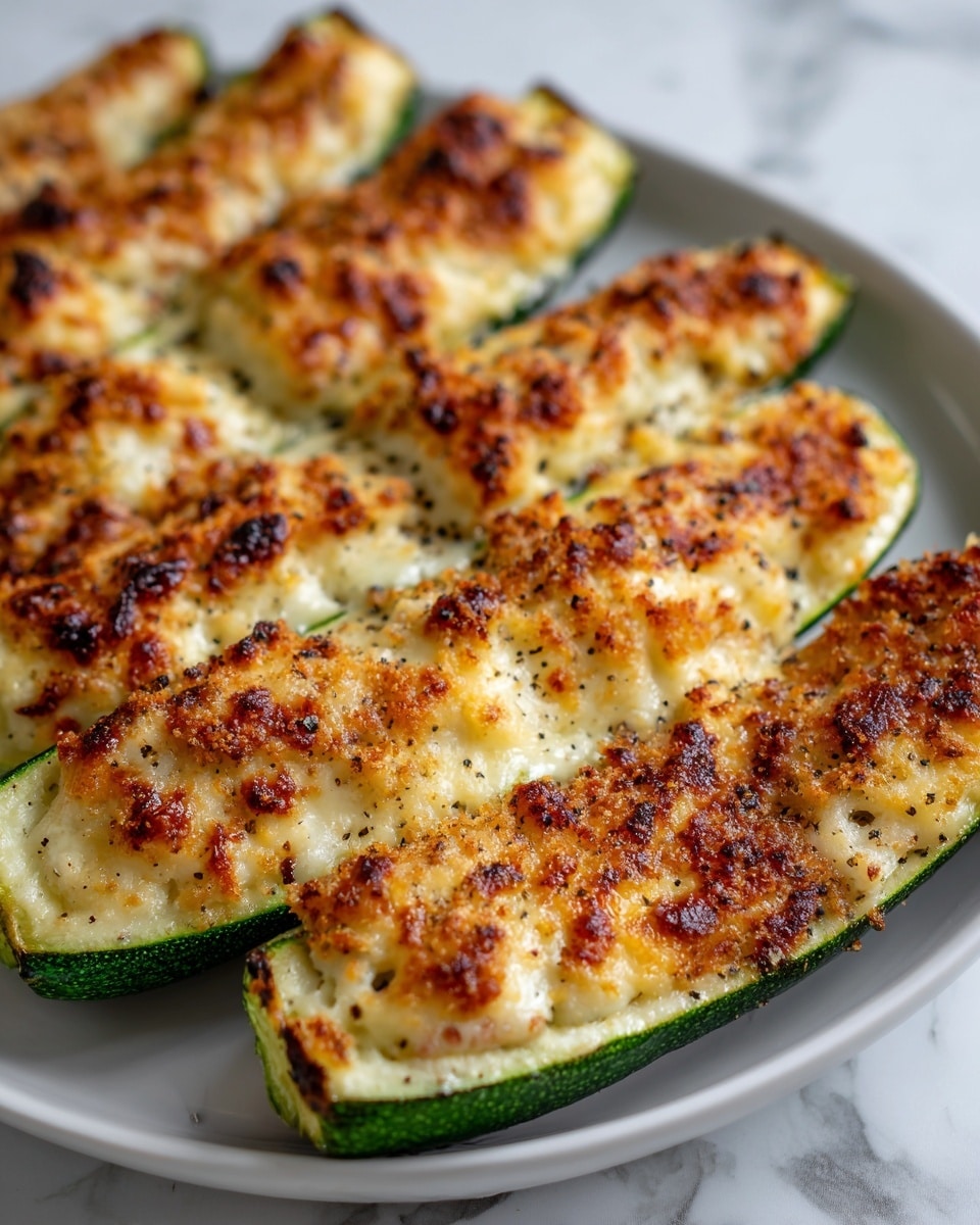 The image shows a white plate full of zucchini halves that are baked with a golden-brown crust on top. Each zucchini is cut in half lengthwise, showing a dark green skin on the outside and a soft pale green inside. The top layer is a crispy, browned mix of cheese and breadcrumbs that is unevenly spread, giving a crunchy texture with some darker toasted spots. The zucchinis are stacked closely together, some overlapping. The background is a white marbled texture. photo taken with an iphone --ar 4:5 --v 7