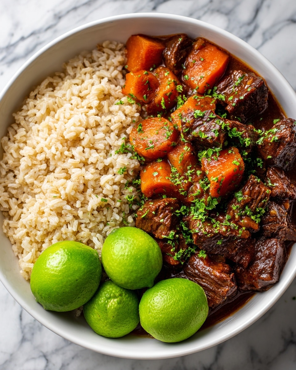 A white plate holds a rich beef stew and rice meal. The bottom layer is a glossy, dark brown stew with large, tender chunks of beef and small pieces of orange carrots and green herbs mixed in, giving it a textured look. On one side, there is a layer of light brown rice, fluffy and slightly separated. Bright green lime halves and slices are placed around the plate’s edges, adding a fresh contrast. The whole dish is topped with chopped fresh green herbs, creating a garnish spread over both the rice and stew. The background is a white marbled surface. photo taken with an iphone --ar 4:5 --v 7