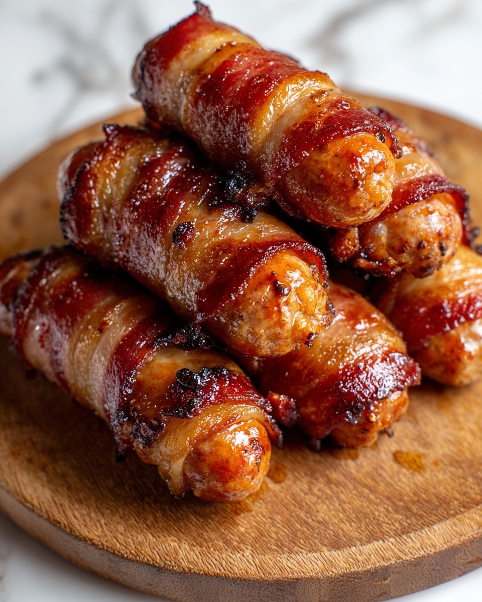 The image shows a pile of small sausages wrapped tightly in crispy, golden brown bacon, stacked in a pyramid shape on a round wooden board. Each sausage is fully covered with bacon that looks shiny and cooked to a perfect crisp. The background is a white marbled surface, softening the focus on the food. photo taken with an iphone --ar 4:5 --v 7