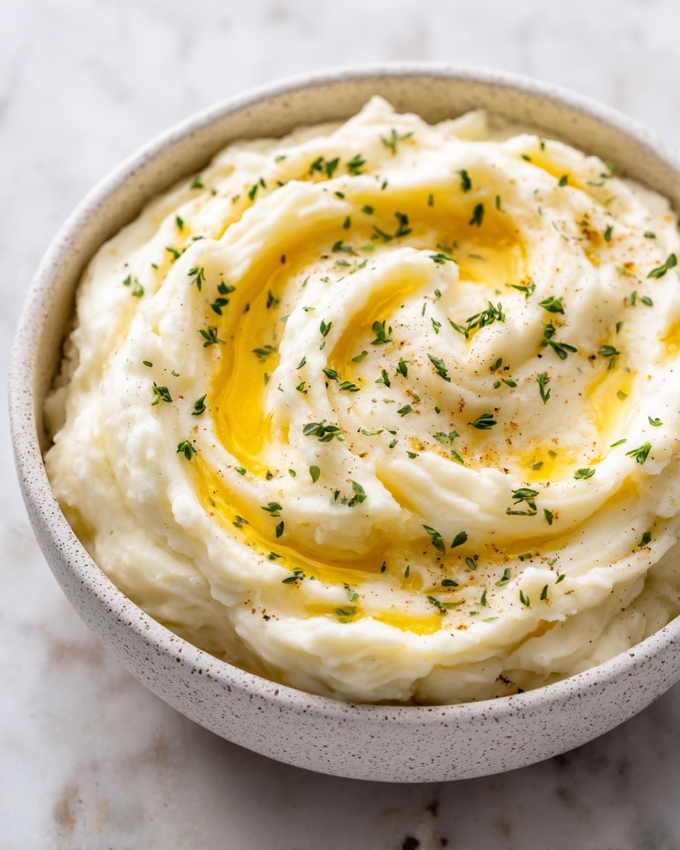 A white speckled bowl filled with creamy mashed potatoes topped with light brown gravy swirled across the surface and sprinkled with finely chopped green herbs. The texture of the mashed potatoes looks smooth and fluffy, with the gravy sitting in thin trails on top, giving a rich and warm appearance. The bowl is placed on a soft gray fabric, all set against a white marbled background. Photo taken with an iphone --ar 4:5 --v 7