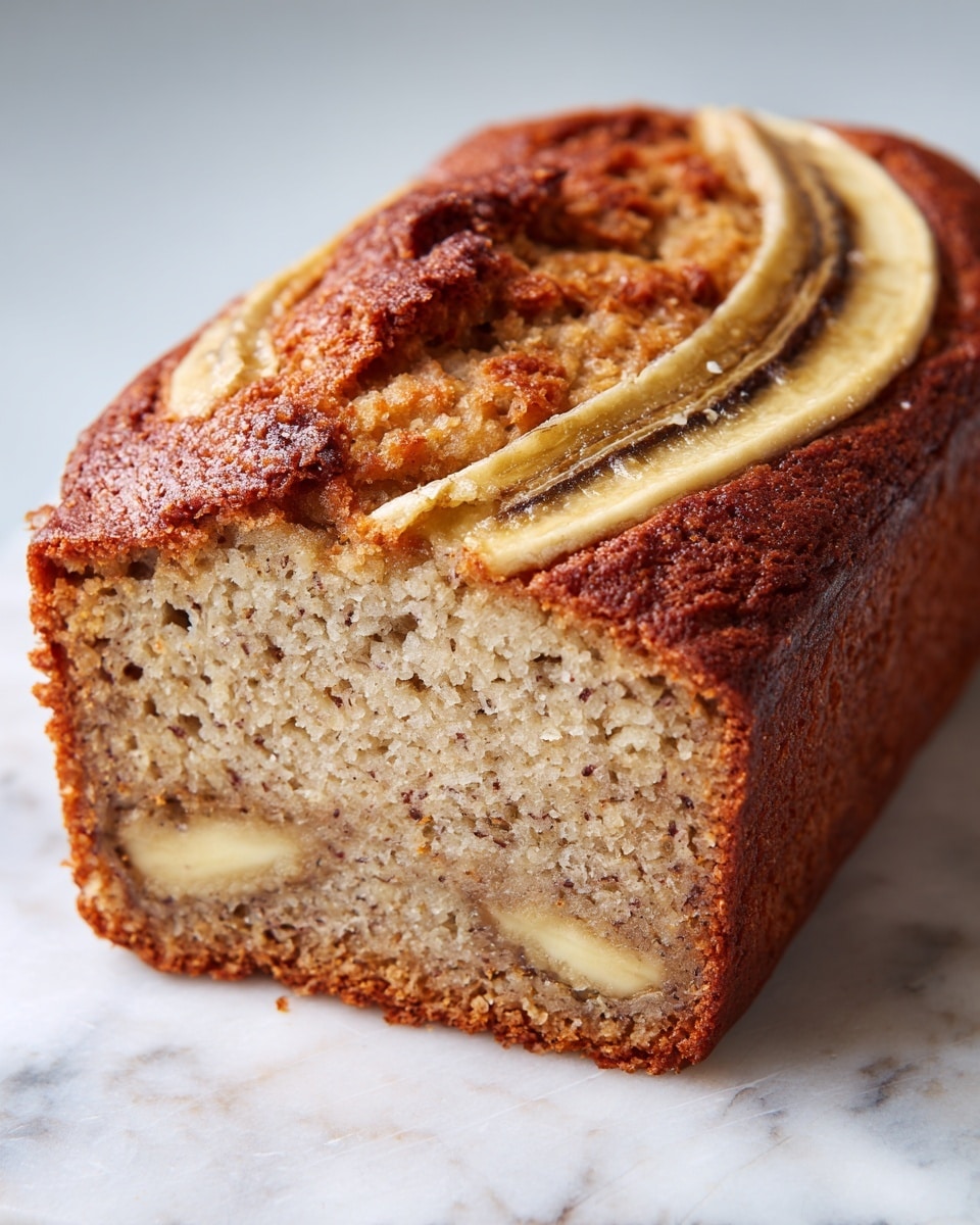 A close-up view of a banana bread loaf with one thick slice cut and laid flat in front of it. The loaf has a golden brown crust with a slightly shiny, bumpy top. Inside the bread, the texture looks soft and moist with visible small banana pieces and some nuts spread evenly throughout. The cut slice shows a light beige color with specks of brown from the banana. The background is a white marbled surface. Photo taken with an iphone --ar 4:5 --v 7
