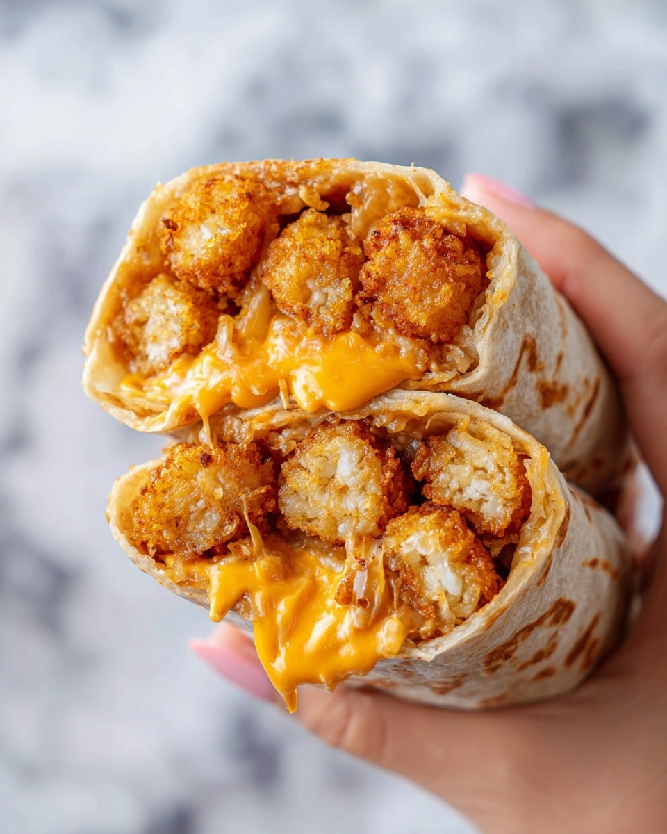 The image shows a close-up of a wrap held by a woman's hand, with the wrap cut open to reveal its filling. Inside, there are two main layers: the bottom layer consists of golden-brown, crispy tater tots that have a crunchy texture with some white soft insides visible where they are broken. On top of the tater tots is a thick, smooth layer of bright orange melted cheese sauce that flows gently between the tater tots, adding a creamy texture. The wrap itself is a soft, light beige tortilla that folds closely around the filling. The background is a white marbled texture. photo taken with an iphone --ar 4:5 --v 7
