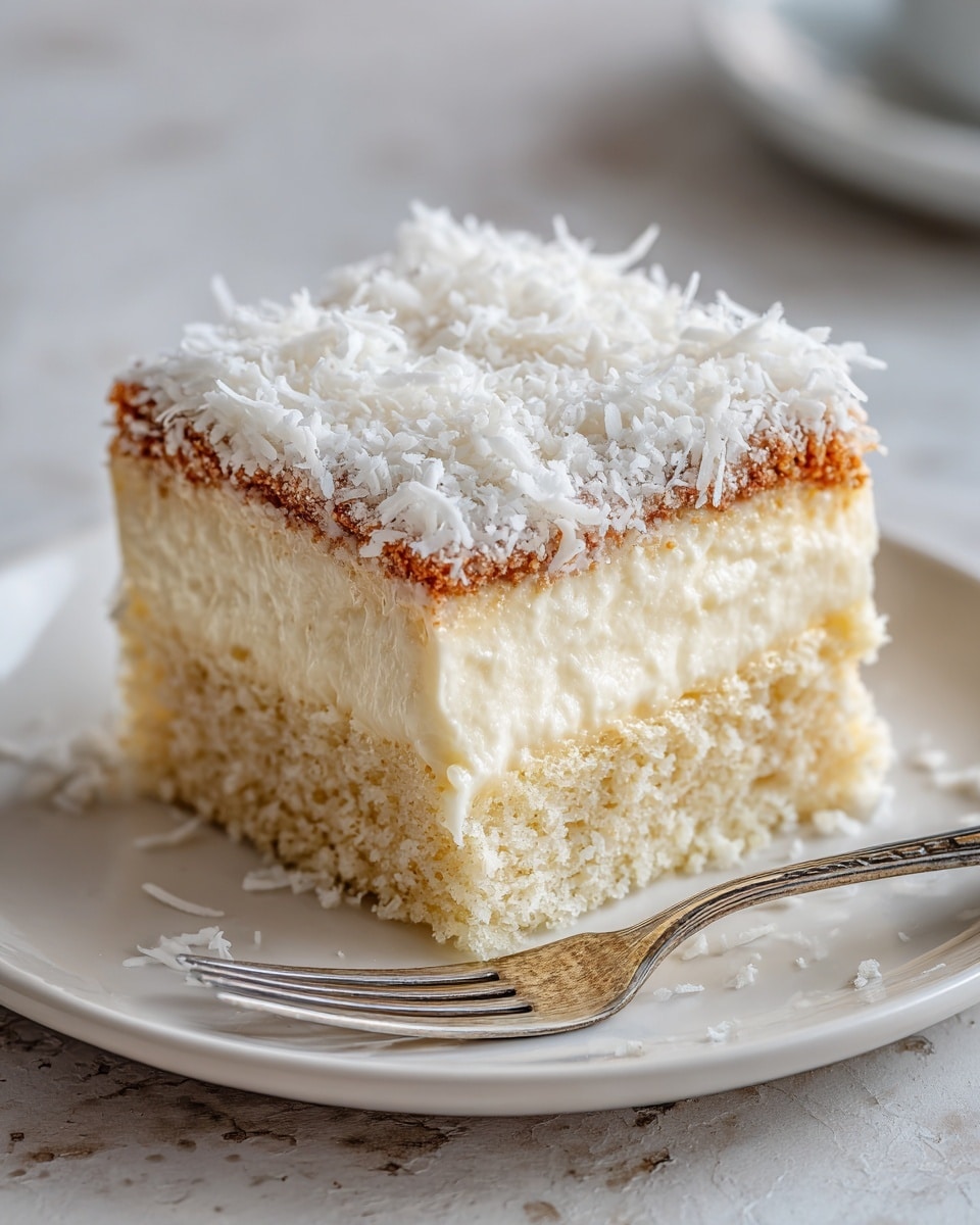 A single square piece of coconut cake sits on a white plate with a shiny silver fork on the side. The cake has three layers—the bottom layer is fluffy and light beige with a soft texture, the middle layer is creamy and pale yellow, while the top layer is a thin, golden brown crust covered thickly with shredded white coconut flakes that appear soft and fibrous. The white marbled surface adds a clean, bright backdrop to the scene. photo taken with an iphone --ar 4:5 --v 7