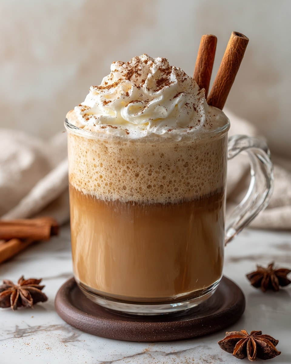 A clear glass mug sits on a round brown coaster on a white marbled surface, filled with a creamy, light brown drink that has visible swirls of froth within it. On top of the drink is a thick, generous swirl of whipped cream, sprinkled lightly with cinnamon powder. Two cinnamon sticks are placed inside the mug, leaning slightly to the right. In the background, out of focus, there is a white bowl with orange contents and a jar with a brown liquid. A few cinnamon sticks and star anise are scattered around the mug, adding to the cozy feel. Photo taken with an iphone --ar 4:5 --v 7