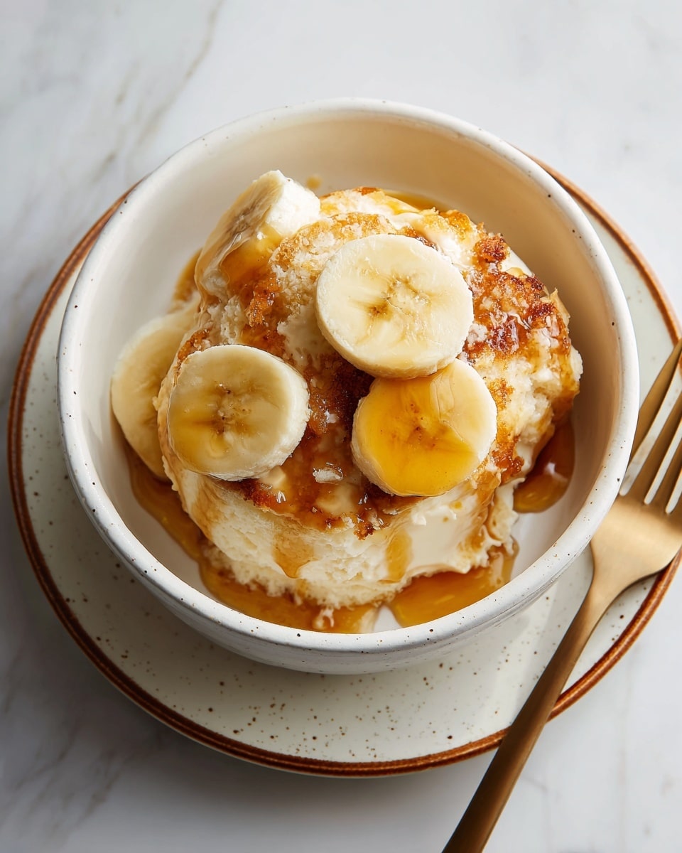 A white ramekin filled with a single-layer light, fluffy, pale yellow cake topped with three round slices of bright yellow banana arranged in the center, all covered in a shiny drizzle of honey. The ramekin sits on a white speckled plate with a brown rim, placed on a white marbled surface. A gold fork is laid next to the ramekin on the right side of the plate. photo taken with an iphone --ar 4:5 --v 7