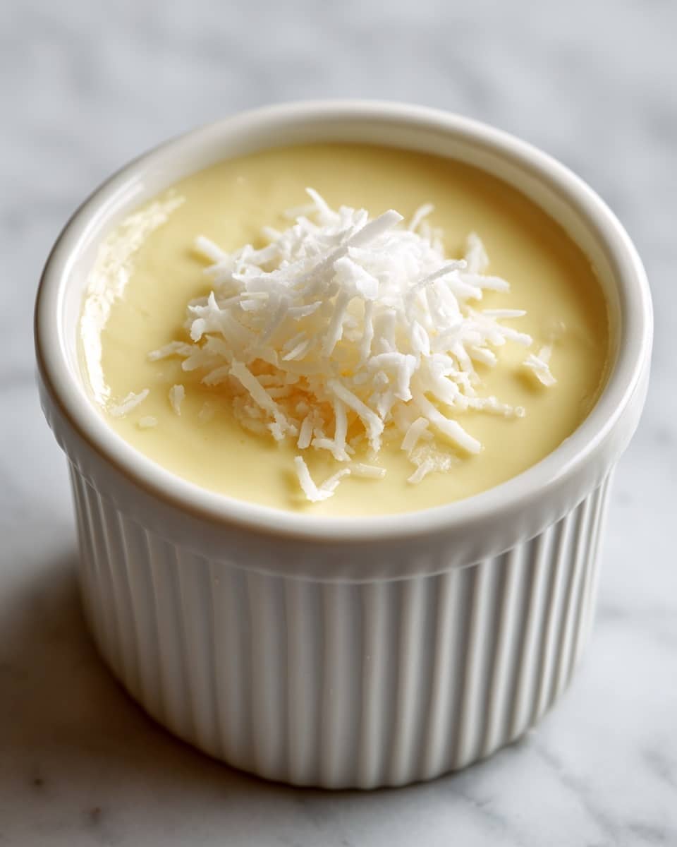 A white fluted ramekin filled with a smooth, creamy pale yellow pudding topped with a small mound of white shredded coconut in the center, all placed on a white marbled texture. The pudding has a soft shiny surface with gentle swirls, and the shredded coconut adds a rough texture contrast on top. photo taken with an iphone --ar 4:5 --v 7