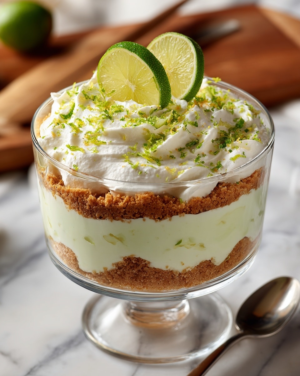 A clear glass bowl shows a dessert with four distinct layers on a white marbled surface. The bottom layer is crumbly and light brown, followed by a thick, creamy pale green layer with visible flecks, then another layer of the crumbly light brown texture. The top layer is smooth white whipped cream, sprinkled with bright green lime zest and garnished with two thin lime slices on top. Behind the bowl is a blurred kitchen setting with wooden cutting boards. A spoon lies beside the bowl. Photo taken with an iphone --ar 4:5 --v 7