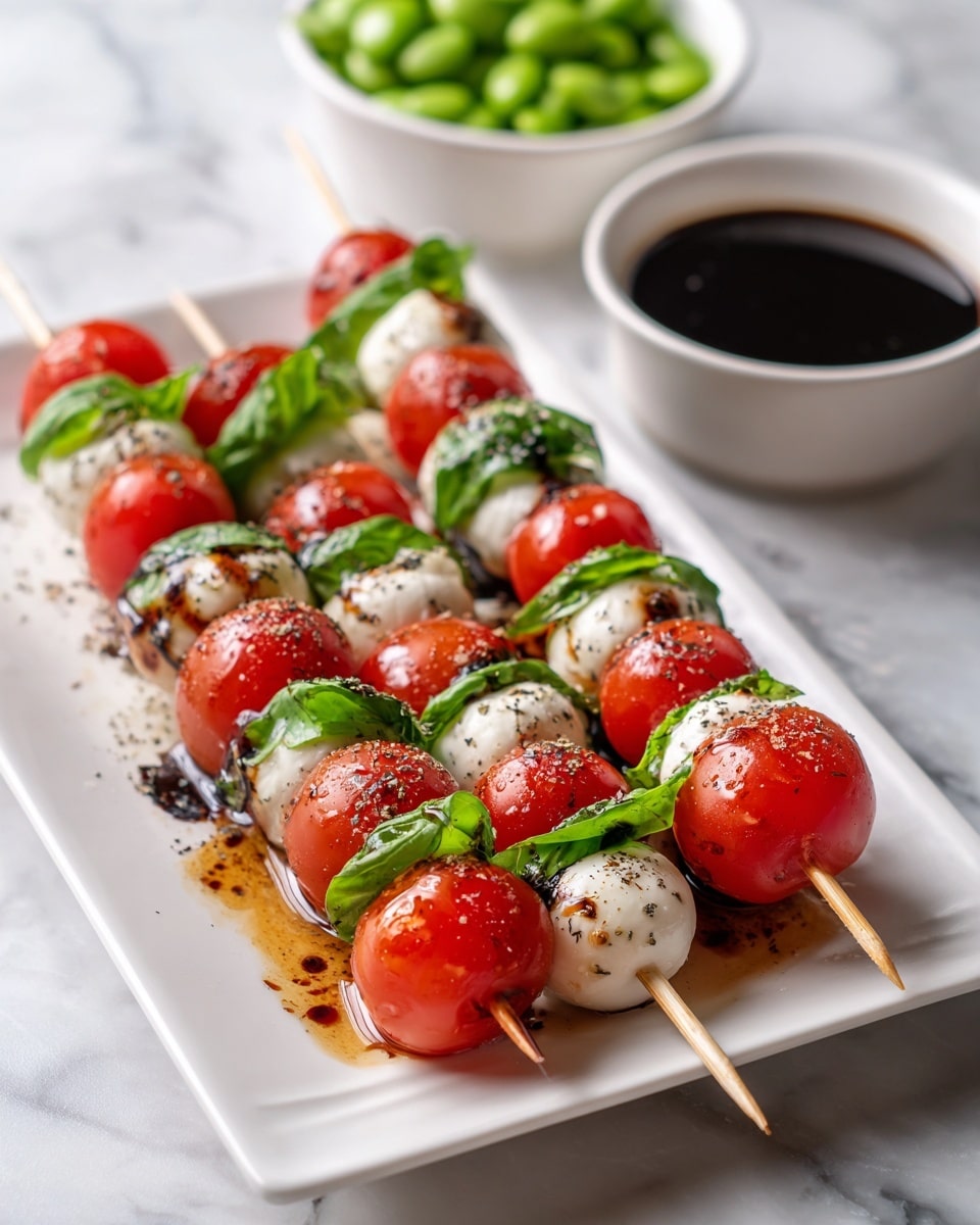 The image shows seven skewers on a white rectangular plate, each skewer layered with three bright red cherry tomatoes, two white mozzarella balls speckled with black pepper, and two fresh green basil leaves. The skewers are arranged parallel to each other, and a glossy olive oil dressing with black pepper drizzles pools on the plate, adding shine to the ingredients. In the blurred background, two white bowls are visible, one with a dark sauce and the other with green leafy vegetables, all set on a white marbled surface. photo taken with an iphone --ar 4:5 --v 7