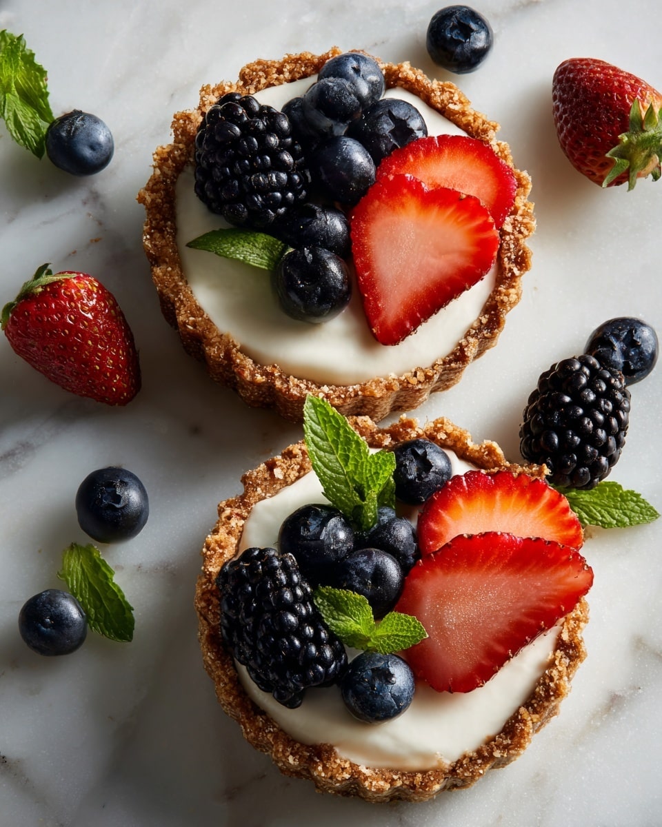 Two small tarts are placed on a white marbled surface, each made with a crumbly golden crust as the bottom layer. On top of the crust is a creamy white filling layer, smooth in texture. The filling is decorated with fresh fruits: bright red strawberry slices with a juicy, glossy texture, dark blue round blueberries group mostly on one side, and shiny black blackberries clustered alongside the strawberries. Small green mint leaves are added as a fresh touch between the fruits. The scene shows the tarts in close-up with whole strawberries and scattered blueberries on the white marbled surface around them. photo taken with an iphone --ar 4:5 --v 7