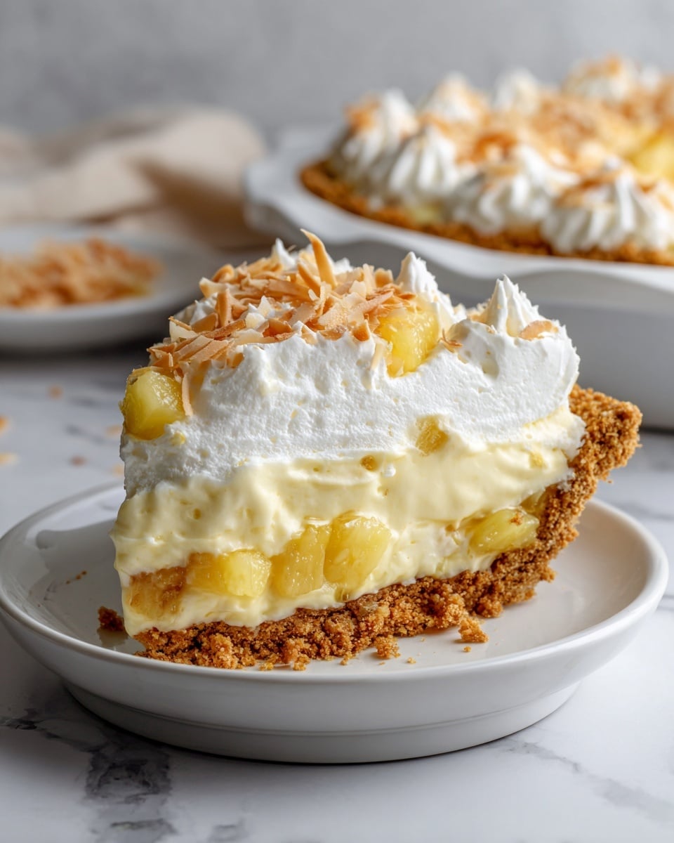 A slice of pie on a white plate shows four layers: the bottom is a golden-brown crumbly crust, above it a thick layer of creamy pale yellow filling with visible chunks of pineapple, then a thick white whipped cream layer with soft swirls, and on top, small toasted coconut flakes scattered across the whipped cream. The background is a white marbled surface with the rest of the pie in a white pie dish blurred behind. A woman's hand is gently holding the plate from the side. Photo taken with an iphone --ar 4:5 --v 7