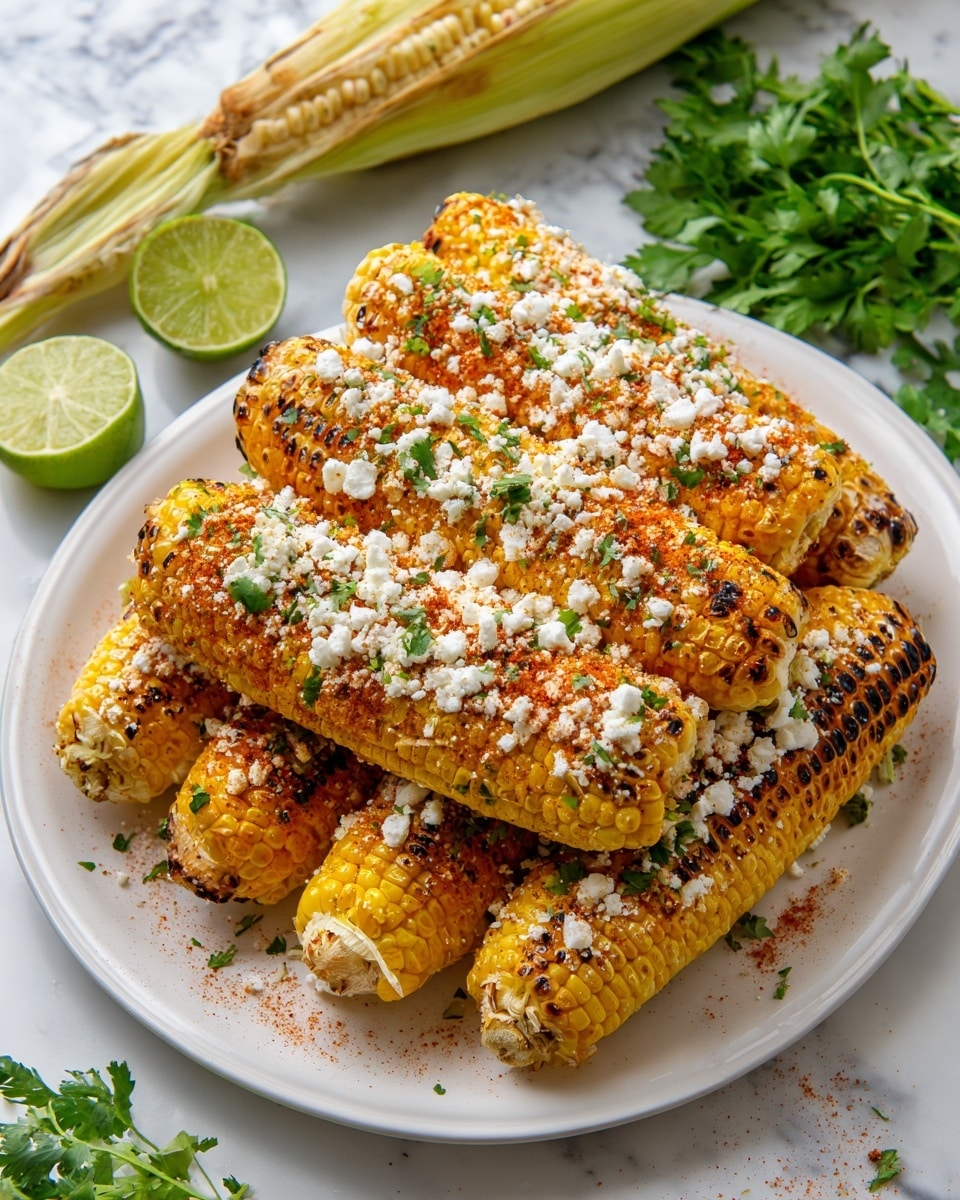 The image shows a plate of grilled corn on the cob placed side by side, with each cob cut into smaller sections. The corn is bright yellow with slight charred spots, topped with small dollops of white crumbly cheese scattered evenly. There is a generous sprinkle of red chili powder and finely chopped green herbs spread over the corn, adding vibrant colors. The plate is white and the dish is set on a white marbled surface. In the background, there is a whole ear of uncooked corn, some green herbs, and lime wedges in a small white dish. Photo taken with an iphone --ar 4:5 --v 7