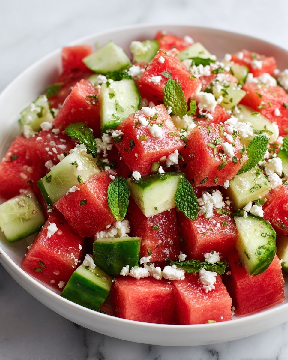 A white bowl filled with a fresh salad showing roughly cut red watermelon cubes and pale green cucumber pieces with darker green skin mixed evenly. The salad is sprinkled with small white crumbles of feta cheese and small pieces of chopped dark green mint leaves, with a few larger whole mint leaves on top for garnish. The bowl sits on a white marbled texture surface. photo taken with an iphone --ar 4:5 --v 7