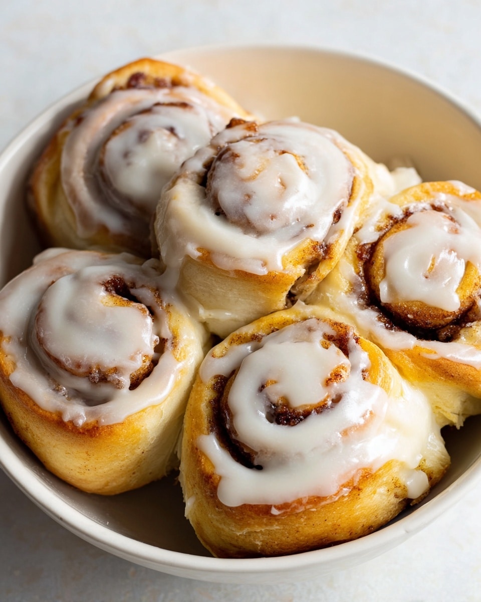A close-up view of five cinnamon rolls placed closely in a white shallow bowl, each roll showing multiple golden-brown layers of soft dough spiraled with dark cinnamon filling, topped with a smooth, white glaze that is unevenly spread and dripping slightly down the sides, giving them a fresh and moist look. The background is a white marbled texture. photo taken with an iphone --ar 4:5 --v 7