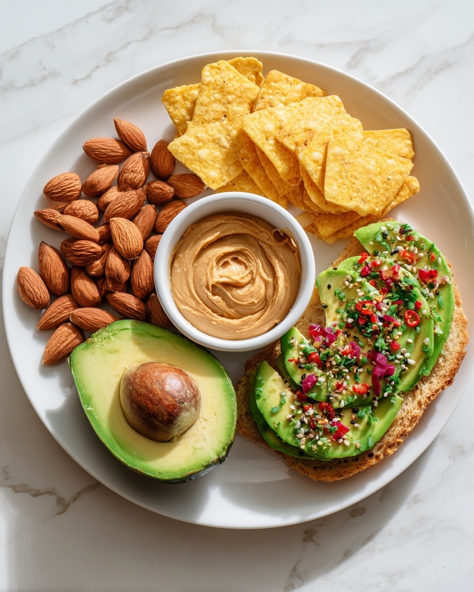 A white plate on a white marbled surface holds a colorful, neatly arranged snack. On the top left, there is a small pile of brown almonds. Next to the almonds on the top right, a small white bowl is filled with creamy, light brown peanut butter that has a smooth texture with swirls on the surface. Below the almonds and peanut butter, two square-shaped avocado toasts are stacked, each topped with mashed green avocado spread and sprinkled with small red chili flakes. To the right of the toasts, a group of pale yellow, thin, triangular tortilla chips are arranged in a small stack. On the bottom right side of the plate, there is a half of a ripe avocado showing its smooth green flesh and hollow seed area. Photo taken with an iphone --ar 4:5 --v 7