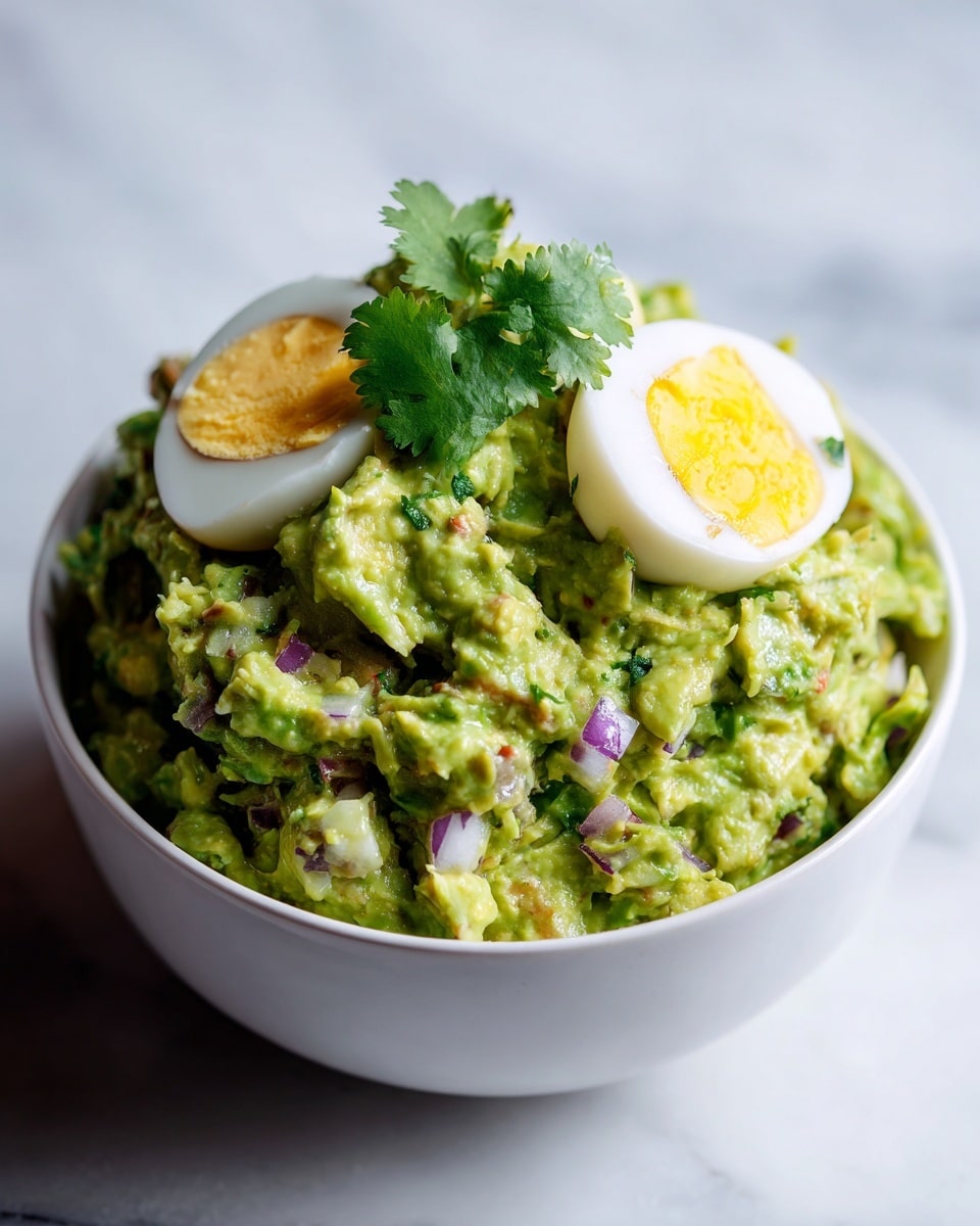 A green bowl filled with chunky guacamole made of mashed avocado, small pieces of red onion, and cilantro leaves mixed throughout, topped with three halved hard-boiled eggs showing bright yellow yolks and white edges, the bowl sitting on a white marbled surface. Photo taken with an iphone --ar 4:5 --v 7