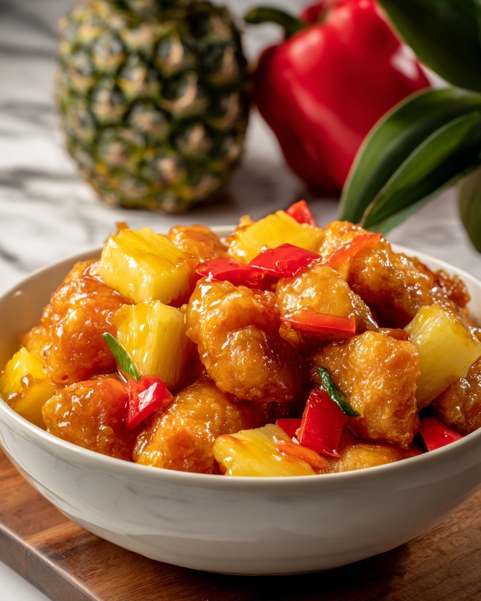 A white bowl filled with multiple layers of sweet and sour chicken, featuring golden-brown, crispy chicken pieces coated in a shiny orange sauce. Interspersed throughout are bright yellow chunks of pineapple and glossy red and orange bell pepper pieces adding pops of color and texture. The dish sits on a wooden board with blurred background showing a whole red bell pepper and a pineapple, against a white marbled texture surface. Photo taken with an iphone --ar 4:5 --v 7