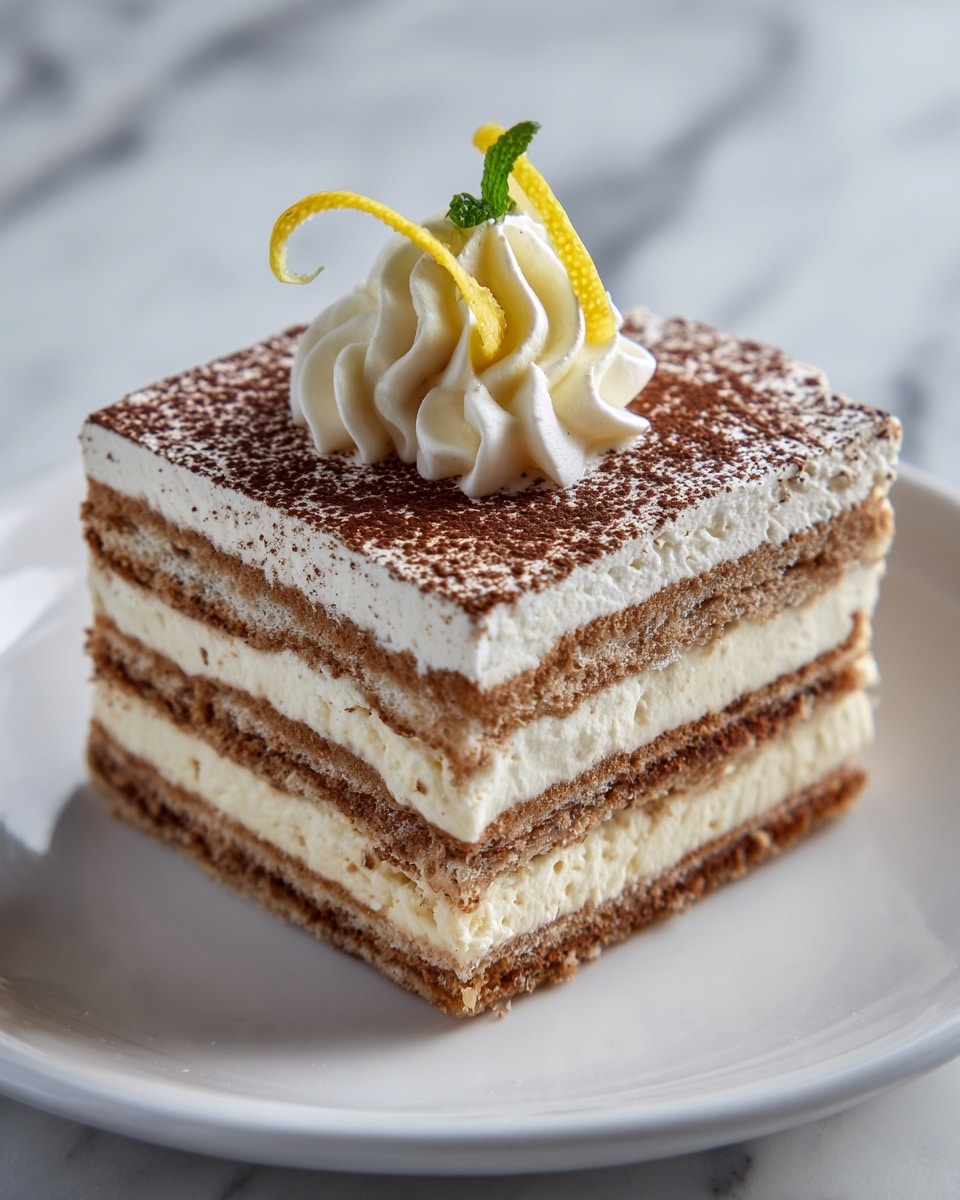 A close-up of a square slice of layered tiramisu on a white plate, placed on a white marbled surface. The tiramisu has five layers, alternating between light beige coffee-soaked ladyfingers and thick creamy white mascarpone cheese. The top layer is dusted with fine cocoa powder and powdered sugar, with a small swirl of white cream and a thin twist of lemon peel on top as decoration. photo taken with an iphone --ar 4:5 --v 7