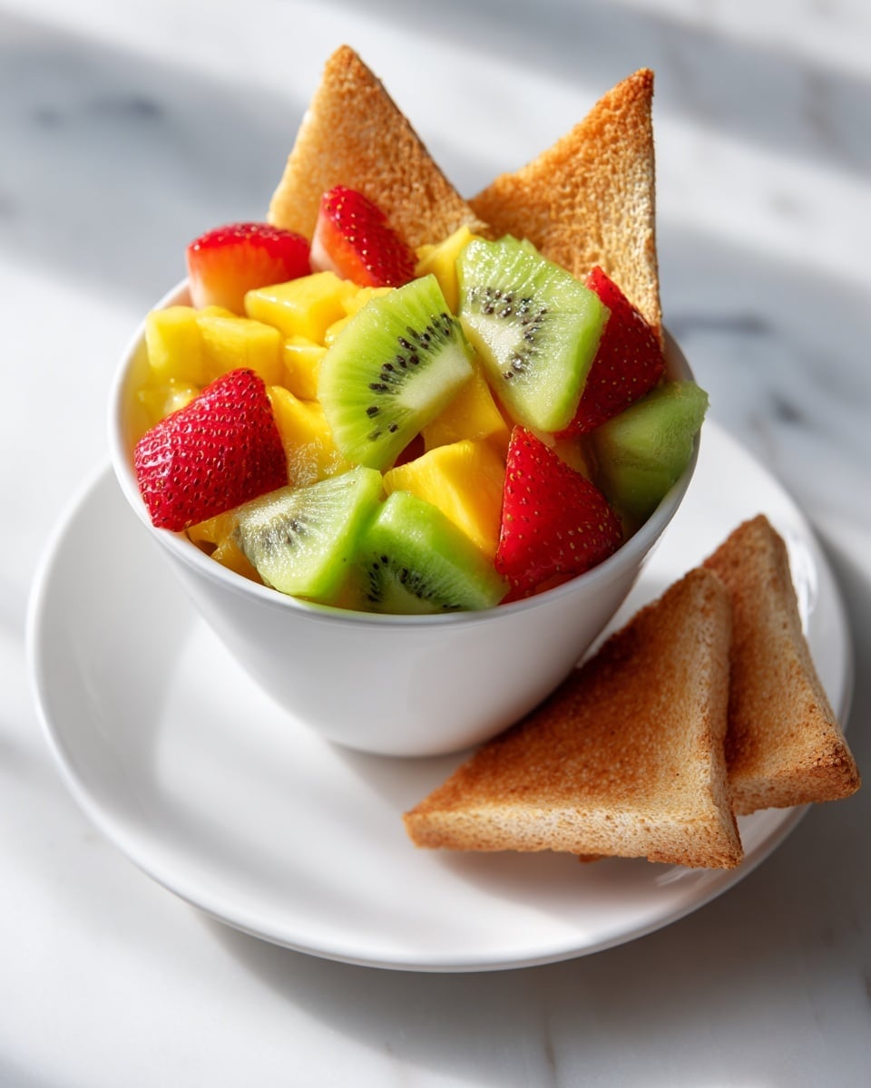 A white bowl filled with colorful fruit salad sits on a white plate, resting on a white marbled surface. The fruit salad has three layers of diced fruits: bright red strawberries at the top, yellow mango pieces in the middle, and green kiwi slices beneath. Next to the bowl on the plate are two triangular slices of golden-brown toasted bread with a slightly crispy texture. The background shows a kitchen setting out of focus. Photo taken with an iphone --ar 4:5 --v 7